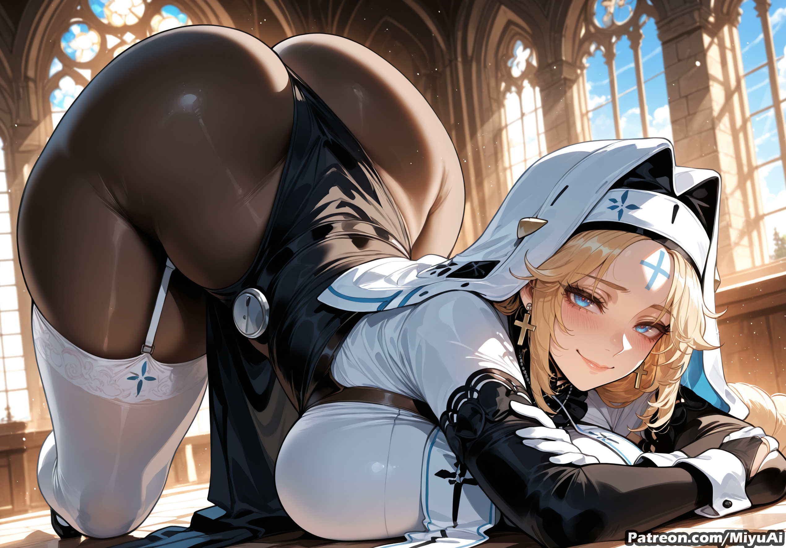 1girl, ai assisted, ai generated, ass, bangs, blonde hair, blue eyes, blush, breasts, cross, curvaceous, curvy, curvy female, curvy figure, dark skin, female, gloves, goddess of victory: nikke, habit, indoors, large breasts, looking at viewer, miyuai, nikke, nun, rapunzel (nikke), smile, solo, thick, thick ass, thick butt, thick hips, thick legs, thick thighs, thighhighs, top-down bottom-up, veil, voluptuous, voluptuous female, white legwear, wide hips, wide thighs, window