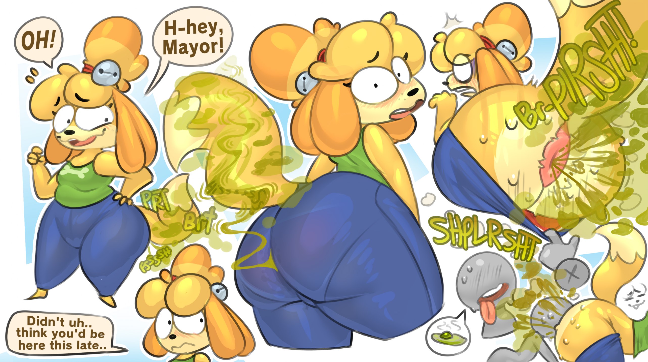 animal crossing, anon, anthro, anthro female, anthro only, anus, bare ass, bell, bending over, bent over, big butt, brap, butt, canine, clothed, clothing, disembodied hand, dog, fart, fart cloud, fart fetish, farting, female, furry, furry female, furry only, gas, gassy, gassy ass, gassy female, grey body, hair, human, human on anthro, iamapoliceman, isabelle (animal crossing), male, male rimming female, male/female, musk, musk clouds, nervous, nintendo, oral sex, pants down, pants pull, passing gas, rimming, ripping ass, shih tzu, shocked expression, smelly farts, surprised, sweatpants, sweaty ass, tail, tank top, tongue, tongue out, wide eyed, yellow body