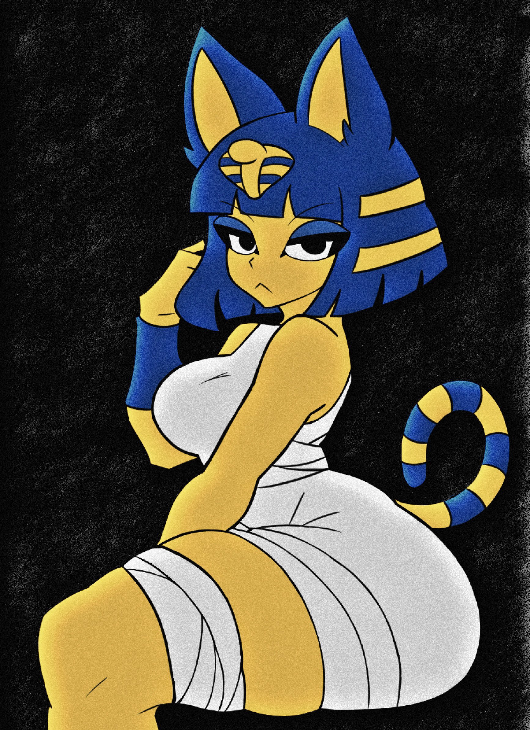 :<, 1girl, ancient egyptian, ancient egyptian clothes, animal crossing, animal ears, ankha, ankha (animal crossing), badjujuarts, big breasts, black background, black eyes, blue hair, breasts, cat ears, cat girl, cat tail, colored skin, commentary, doubutsu no mori, furry, furry female, hair ornament, highres, large breasts, looking at viewer, medium hair, mummy costume, nairu (doubutsu no mori), nintendo, sitting, snake hair ornament, solo, striped tail, tail, yellow skin