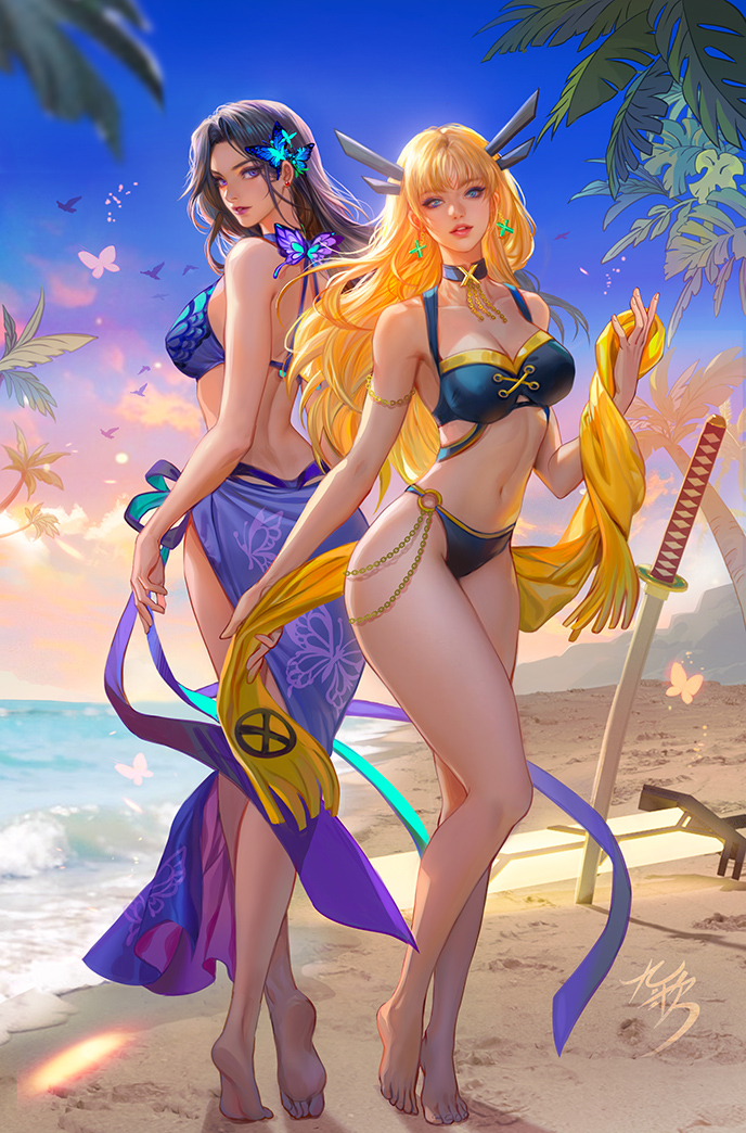 2girls asian_female beach bikini bikini_top black_hair blonde_hair breasts butterfly_hair_ornament fan_yang full_body hips light-skinned_female long_hair looking_at_viewer magik_(illyana_rasputin) magik_(marvel_rivals) marvel marvel_comics marvel_rivals mutant_(marvel) psylocke psylocke_(sai) psylocke_(sai)_(vengeance) russian_female sand swimsuit sword water weapon wide_hips