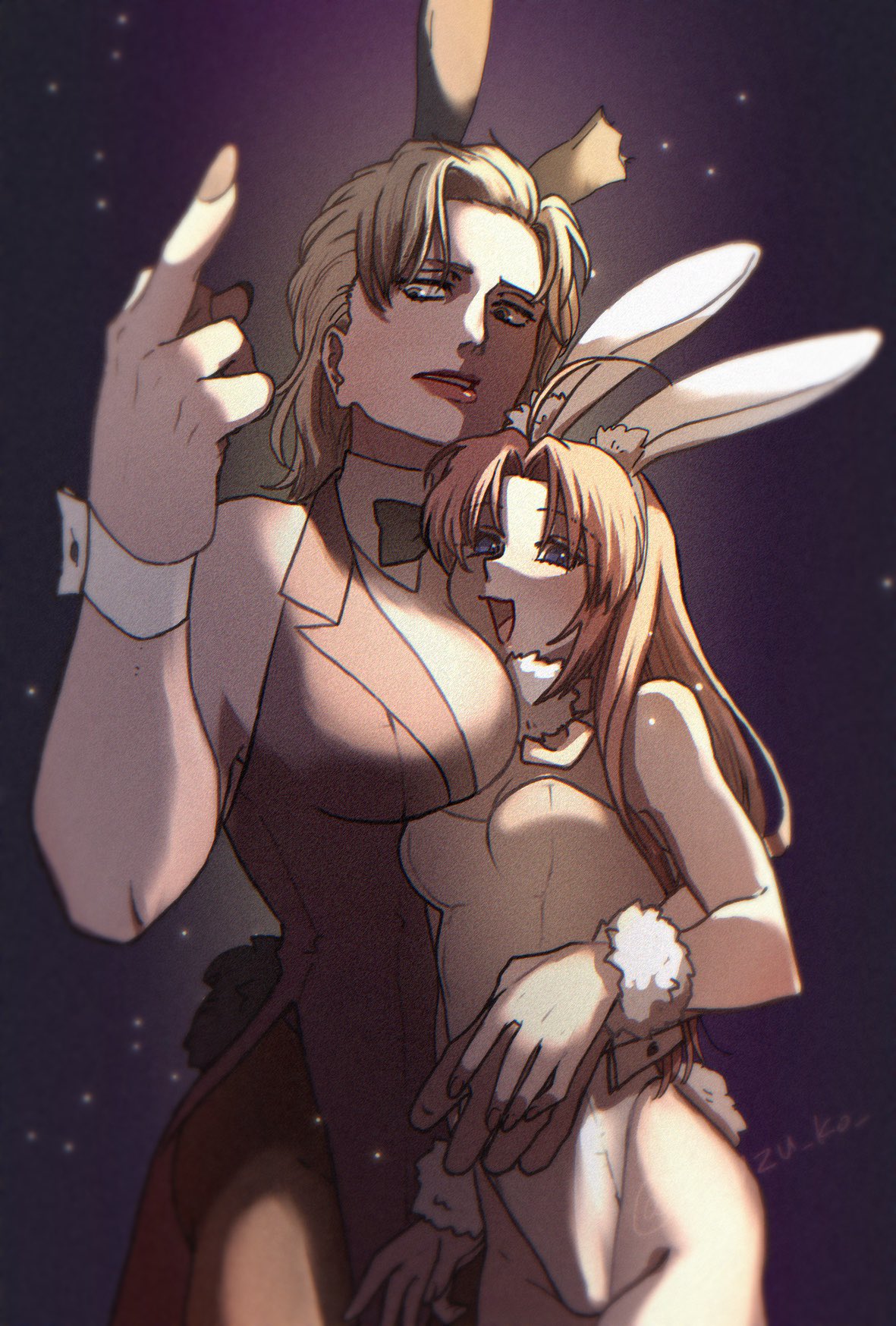2girls abuto age_difference alternate_costume big_breasts blue_eyes bowtie breast_size_difference brown_hair bunny_ears bunny_tail bunnysuit cleavage face_between_breasts female female_only genderswap_(mtf) gintama hair_down height_difference kamui_(gintama) lipstick long_hair looking_at_viewer medium_hair middle_finger mullet orange_hair pantyhose playboy_bunny rule_63 s_suzu_ko small_breasts smile wrist_cuffs yuri