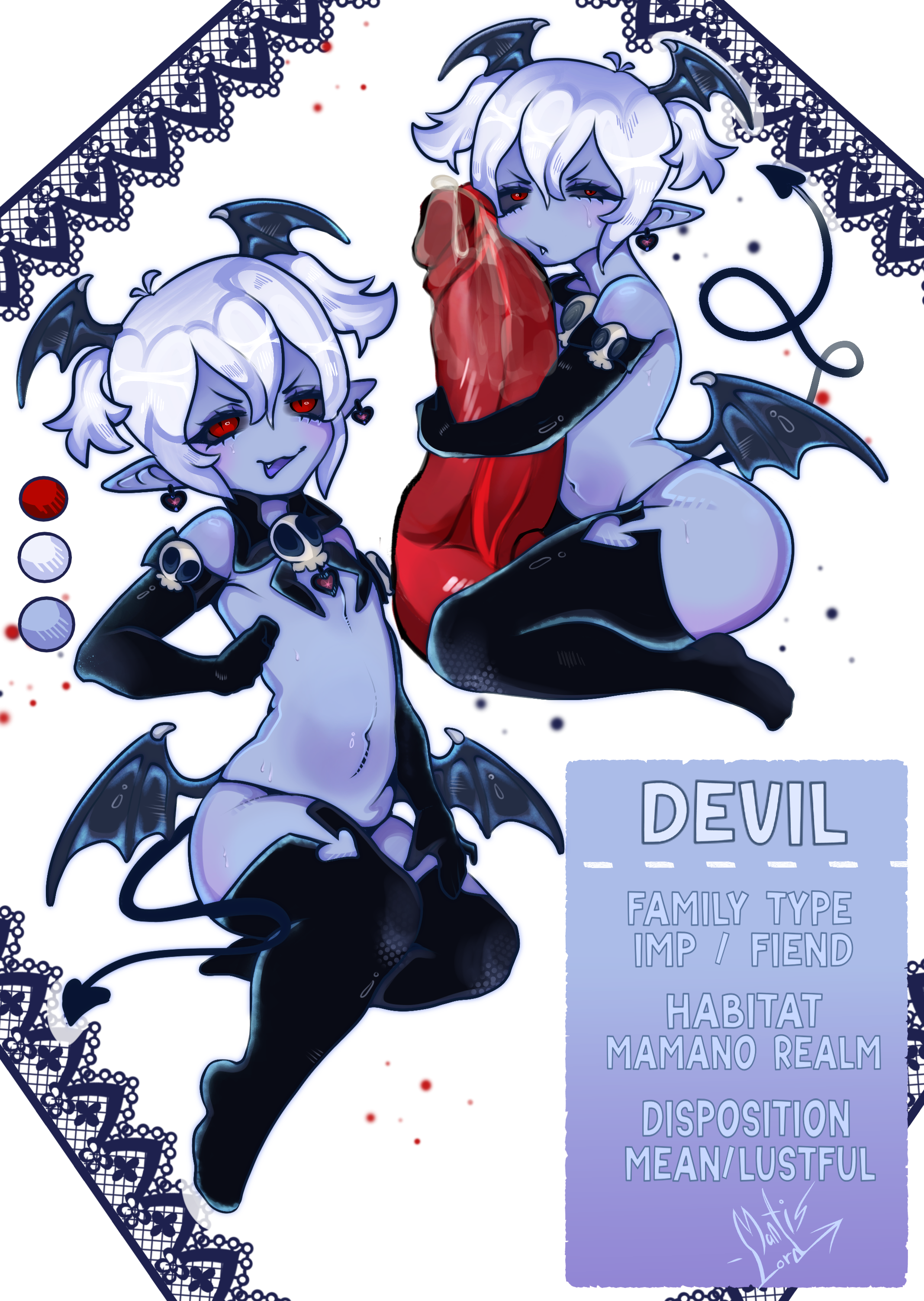 1boy, 1femboy, chibi, chubby, chubby male, demon, demon boy, demon wings, devil, devil (monster girl encyclopedia), devil tail, female focus, femboy, incubus, latex, male, mantislord, midriff, monster boy encyclopedia, monster girl encyclopedia, penis, penis on face, penis out, penis size difference, pressed against, shortstack, shortstack femboy, size comparison, size difference, size play, smaller male, text, text box, text bubble, text focus, thick ass, thick thighs, thigh boots, thighhighs, thighs, wings