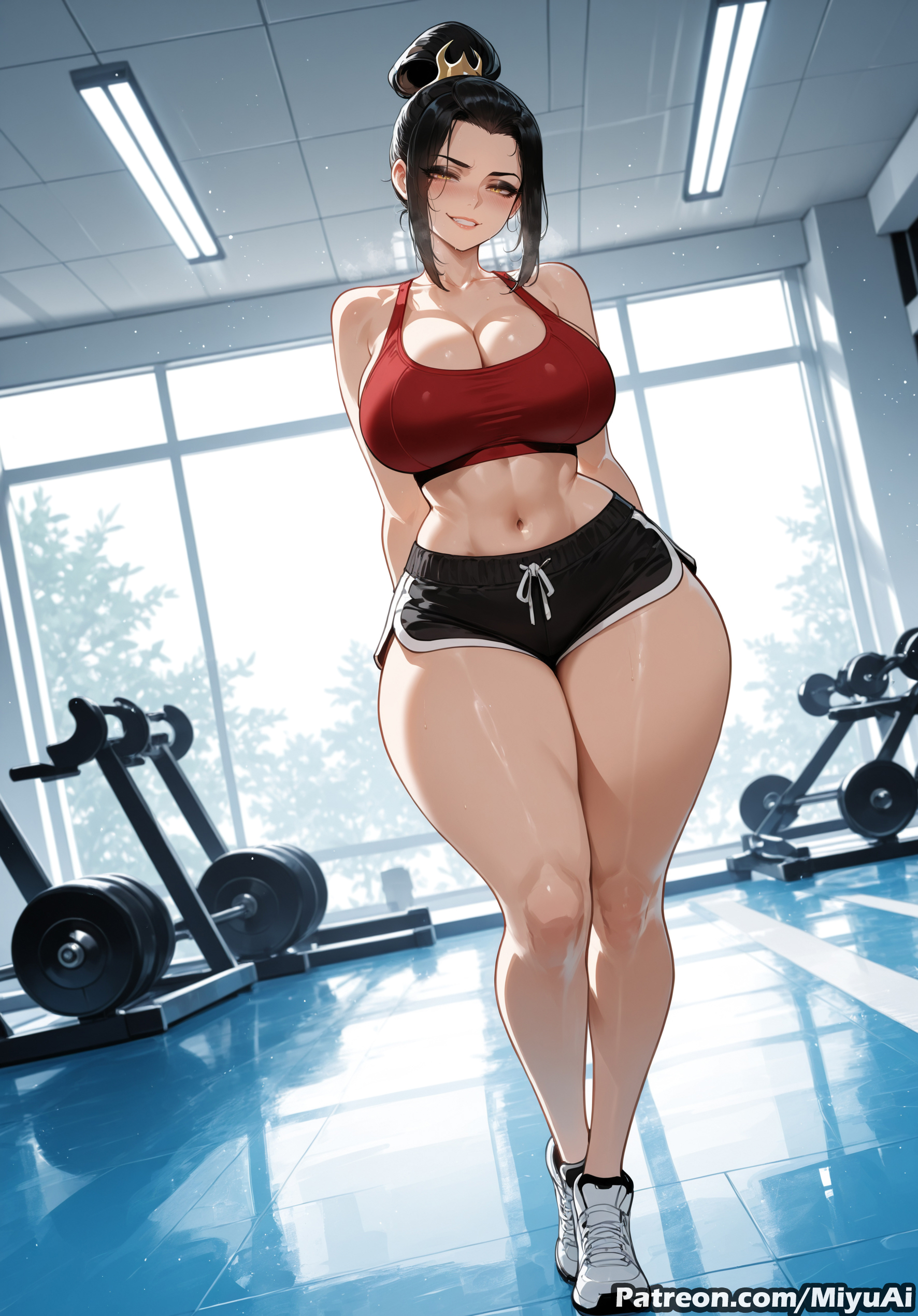 1girl, ai assisted, ai generated, avatar: the last airbender, azula, bangs, bare shoulders, black hair, black shorts, blush, breasts, brown eyes, cleavage, curvaceous, curvy, curvy female, curvy figure, female, full body, huge breasts, large breasts, looking at viewer, midriff, miyuai, mole, mole under mouth, navel, one eye closed, short shorts, shorts, smile, solo, sports bra, standing, sweat, teeth, thick, thick ass, thick butt, thick hips, thick legs, thick thighs, thighs, voluptuous, voluptuous female, wide hips, wide thighs