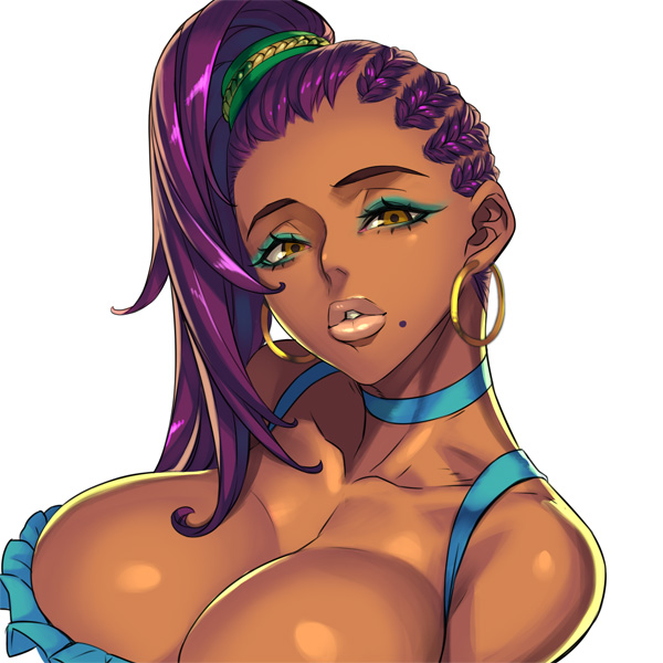 1girls, breasts, cleavage, dark skin, dark-skinned female, earrings, female, female only, hoop earrings, legend of queen opala, makeup, purple hair, puta bananas (legend of queen opala), sethxzoe, solo, tagme