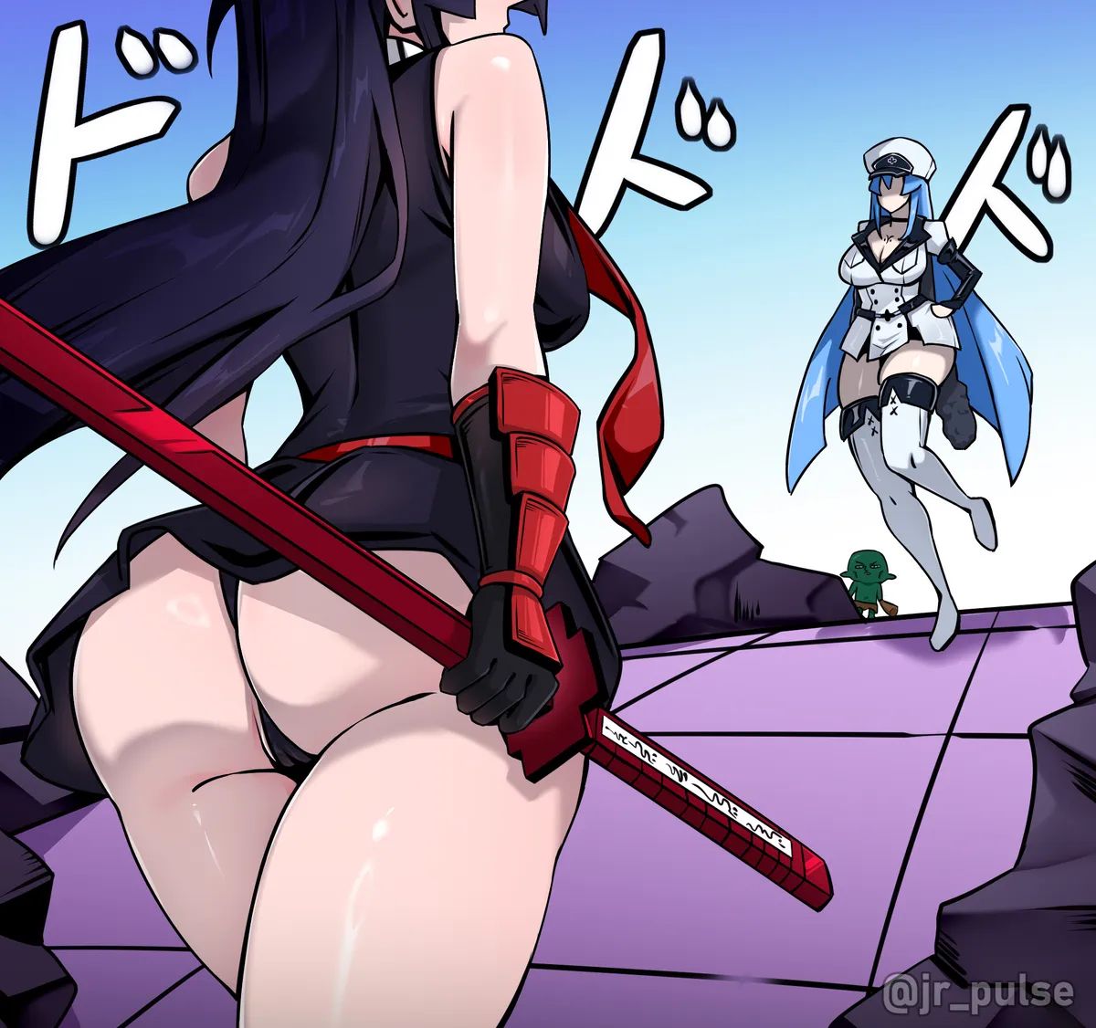 2girls, about to fight, akame (akame ga kill!), akame ga kill!, ass, ass focus, big boobs, big breasts, butt, butt focus, catfight, esdeath, esdeath (akame ga kill!), esdeath (akame ga kill), fat ass, fat butt, female, female focus, female only, jojo pose, jojo reference, large boobs, large breasts, panties, sexy, sexy ass, sexy girl, strong female, strong woman, sword, swordswoman, thick, thick ass, thick legs, thick thighs, thighhighs