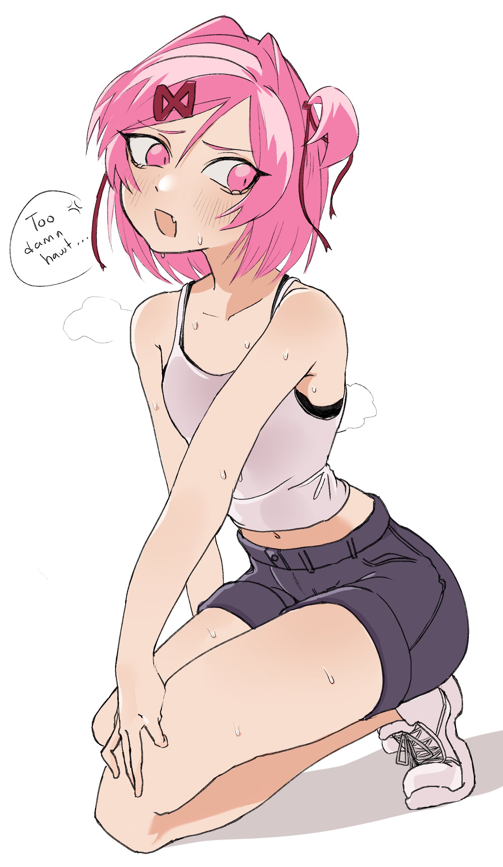 :d, 1girl, absurdres, anger vein, averting eyes, bare shoulders, black shorts, black sports bra, blush, bob cut, bra, bra peek, breasts, casual, collarbone, commentary, cropped shirt, ddlc, doki doki literature club, english commentary, english text, exspiravitbag, fang, full body, furrowed brow, hair intakes, hair ornament, hair ribbon, hand on ground, hand on own leg, highres, hot, kneeling, looking to the side, midriff, natsuki (doki doki literature club), navel, open mouth, pink eyes, pink hair, questionable, questionable consent, red ribbon, ribbon, serenity forge, shadow, shoes, short hair, short shorts, shorts, simple background, slit pupils, small breasts, smile, sneakers, solo, speech bubble, spoken anger vein, sports bra, steam, steaming body, sweat, swept bangs, tank top, team salvato, text, two side up, underwear, very sweaty, white background, white shoes, white tank top, wholesome, x hair ornament