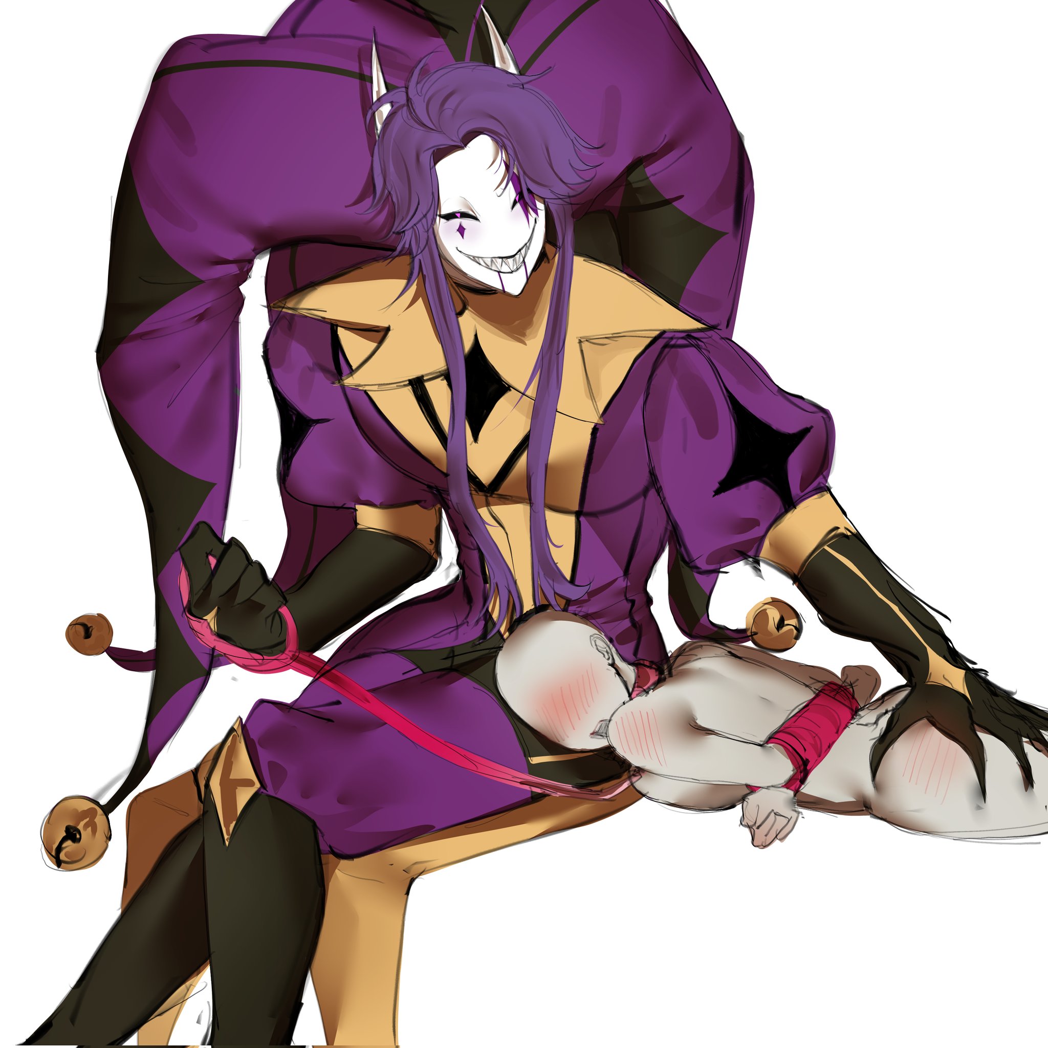 1boy, 1boy1girl, 1girls, bondage, female, femsub, freaky, grabbing ass, jester, jester (the freak circus), jester hat, jester outfit, keranyamy, leash, lmao, lol, male, purple clothing, purple eyes, purple hair, the freak circus, white background, white skin, xd, y/n