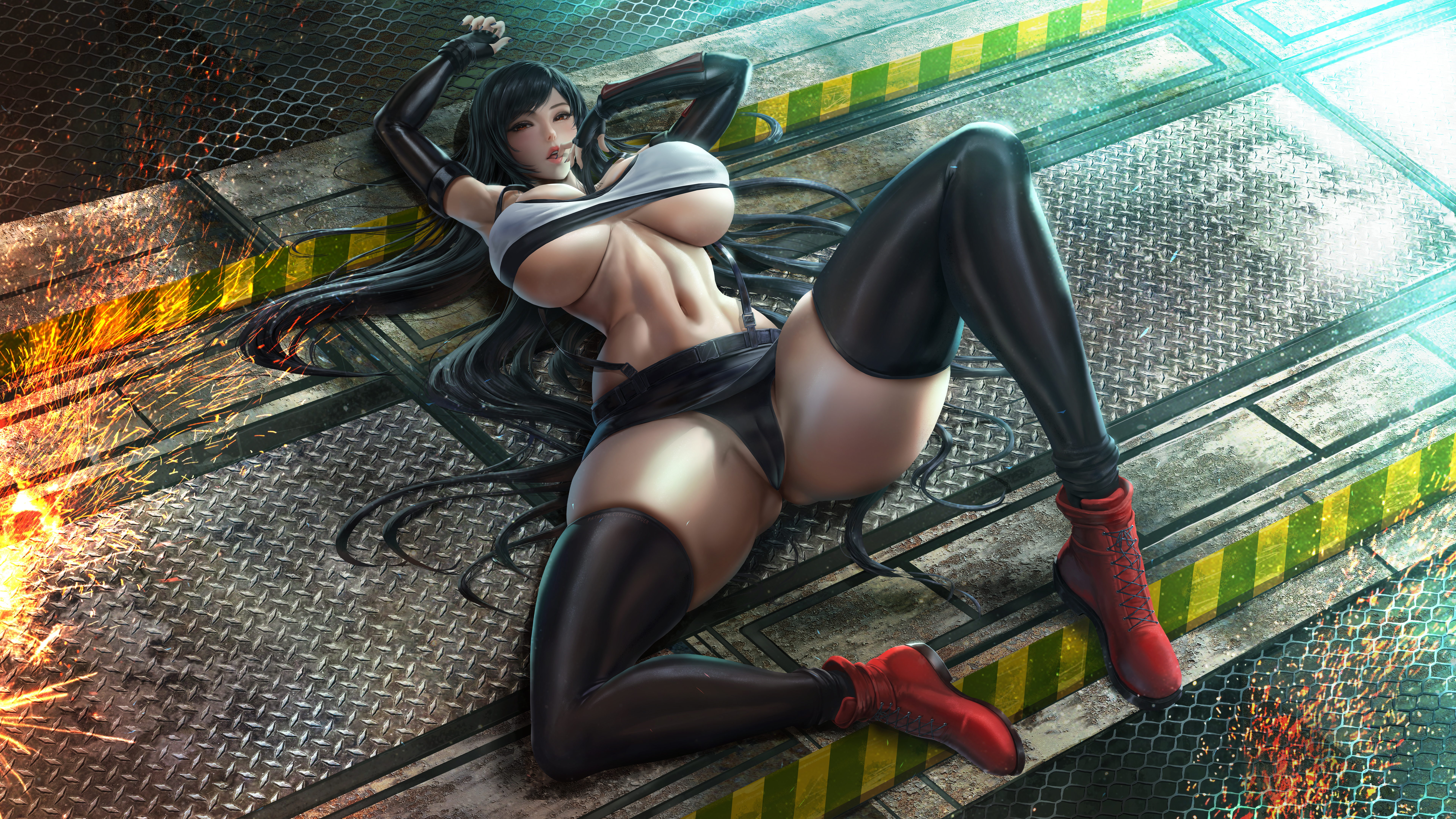 big breasts, black hair, breasts, cameltoe, cock hungry, female, final fantasy, final fantasy vii, gloves, laying down, laying on back, lexaiduer, male, open legs, open mouth, panties, penis, presenting, pussy, pussy visible through panties, red eyes, skindentation, spread legs, thick thighs, thighhighs, tifa lockhart, tongue, underboob, upskirt