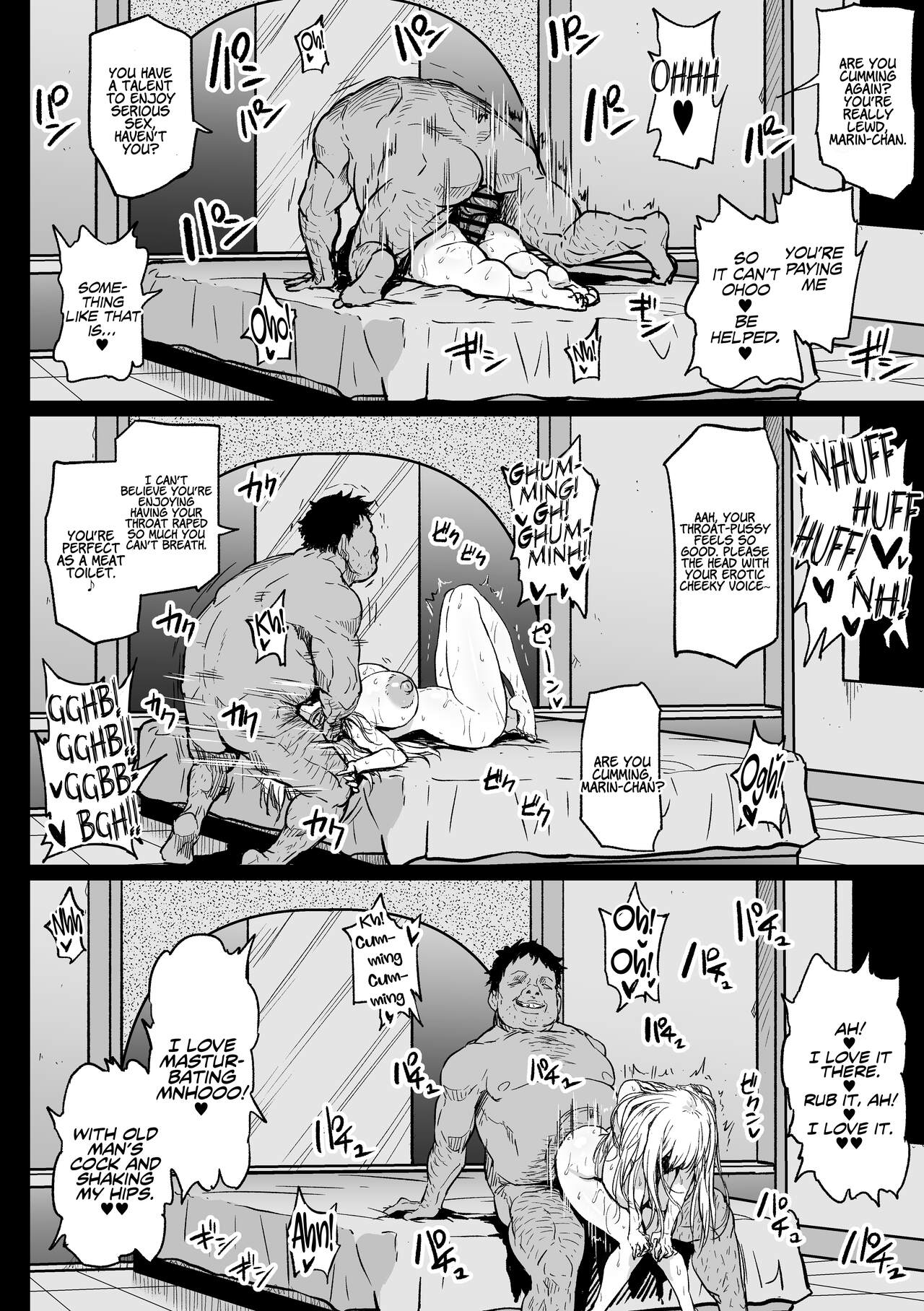 1boy, 1girls, age difference, ahemaru, blonde hair, breasts, comic, english text, fat male, female, fixed-point camera, gyaru, huge breasts, kitagawa marin, male, monochrome, netorare, older male, older male and younger female, older penetrating younger, prostitution, sex, sono bisque doll wa koi wo suru, teenage female, teenager, text, time lapse, ugly bastard, younger female
