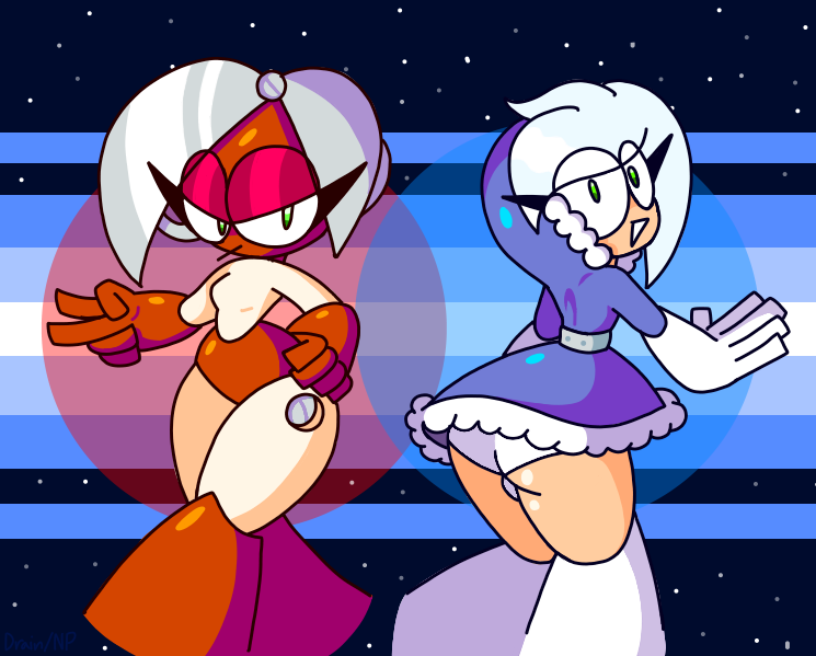 2girls android ass big_ass cut_man female female_only green_eyes ice_man mega_man mega_man(classic) multiple_girls nocklepie panties red_panties robot robot_girl robot_humanoid rule_63 silver_hair skirt skirt_up straight_hair thick_thighs thighs white_hair white_panties