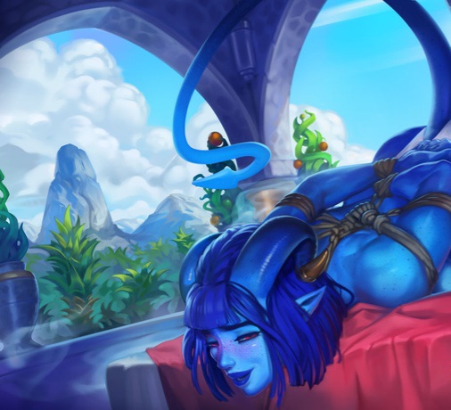 1girls, big breasts, big penis, blue hair, blue skin, bondage, breasts, cleric, colored skin, cptpopcorn, critical role, critical role: the mighty nein, demon, demon girl, demon horns, demon tail, devil, devil horns, devil tail, dungeons and dragons, female, freckles, humanoid, jester lavorre, male, penis, rope, rope bondage, tagme, tiefling