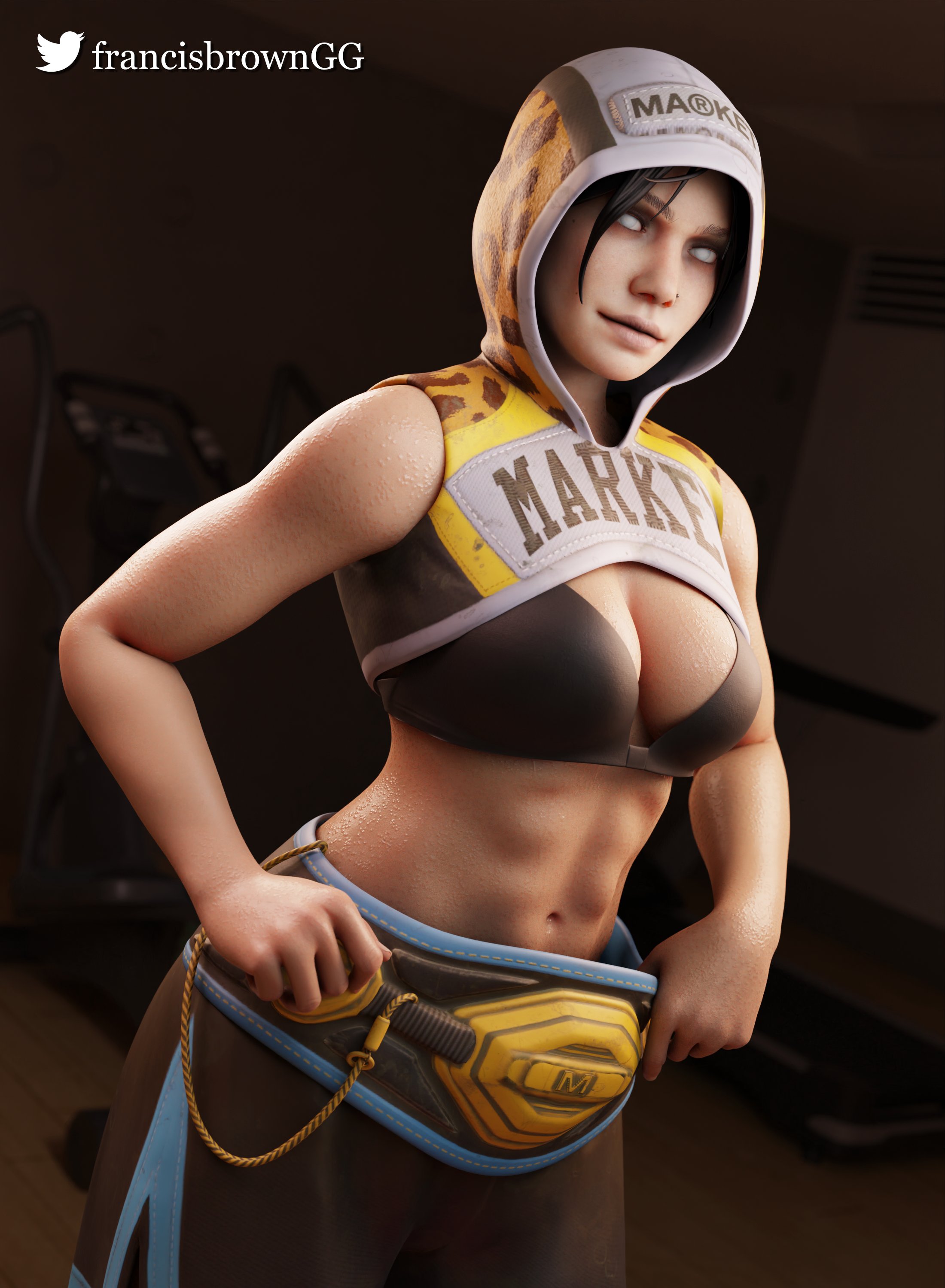 1girls, 3d, abs, alternate version at source, alternate version available, apex legends, big breasts, black hair, blender, bra, breasts, cleavage, female, female only, francis brown, gym, hood, large breasts, light skin, light-skinned female, pale skin, pale-skinned female, petite, respawn entertainment, seductive eyes, seductive look, solo, white eyes, wraith (apex legends)