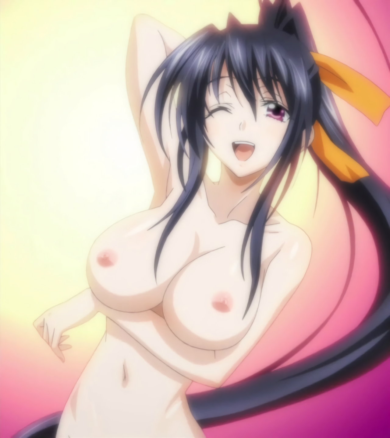 akeno himejima, breasts, demon, demon girl, female, high school dxd, large breasts, naked, screencap, screenshot, stitched, tnk (company)