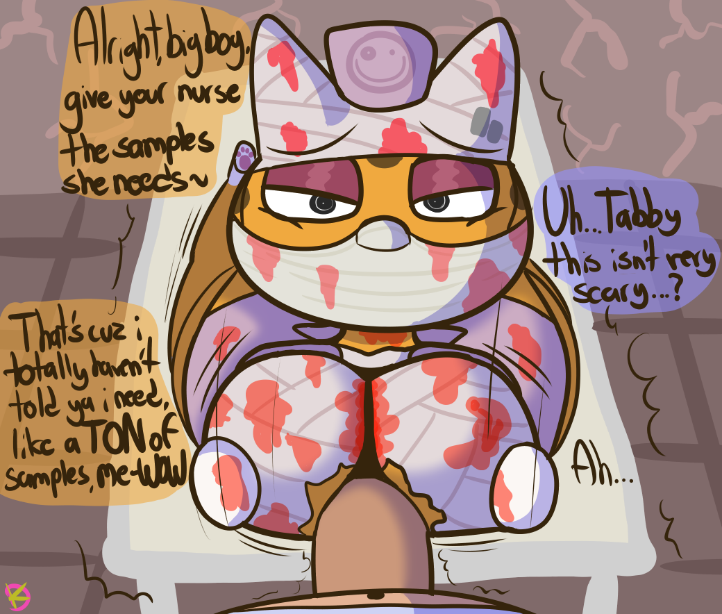 2022 animal_crossing bedroom_eyes breasts costume fake_blood gloves half-closed_eyes klutzatdusk looking_at_viewer nintendo nurse nurse_uniform paizuri paizuri_under_clothes penis tabby_(animal_crossing)