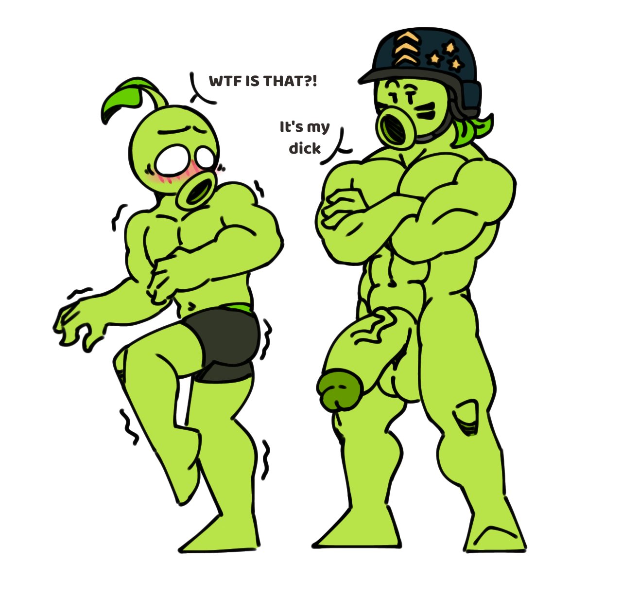 2022 2boys abs armor balls big_balls big_muscles big_penis big_testicles blush bottomwear boxers clothed clothing crossed_arms dialogue duo electronic_arts elemental_creature elemental_humanoid english_text eyebrows flora_fauna gatling_pea_(pvz) gay genitals glans green_balls green_body green_glans green_penis half-closed_eyes headgear helmet highres humanoid humanoid_genitalia humanoid_penis looking_at_another looking_at_another's_genitalia looking_at_another's_penis looking_at_genitalia looking_at_penis male male_only mega_gatling_pea_(pvz) mostly_nude muscular muscular_humanoid muscular_male narrowed_eyes navel non-human open_mouth peashooter_(pvz) pecs penis plant plant_humanoid plantie plants_vs_zombies popcap_games raised_eyebrow shaking shocked simple_background standing teosaurio3000 testicles text topless trembling underwear vein veiny_penis white_background