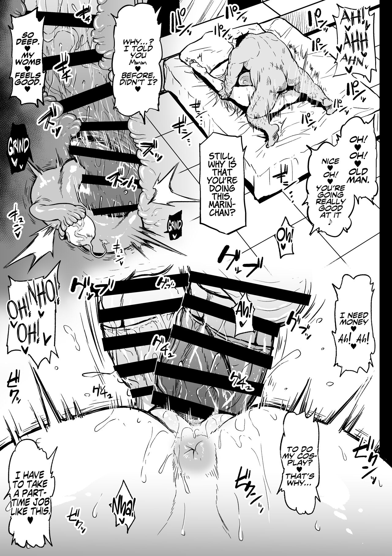 1boy, 1girls, age difference, ahemaru, anus, bar censor, blonde hair, breasts, censored, comic, english text, female, gyaru, huge breasts, kitagawa marin, male, mating press, netorare, older male, older male and younger female, older penetrating younger, pussy, sono bisque doll wa koi wo suru, teenage female, teenager, text, vaginal penetration, younger female