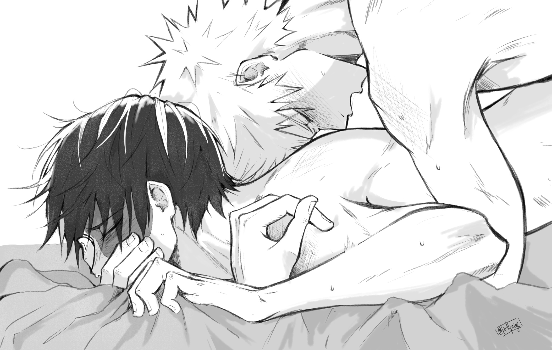 2boys, black and white, closed eyes, covering mouth, gay domination, grabbing sheets, implied anal, implied sex, katsuki bakugou, lying on person, lying on stomach, male, male only, my hero academia, on stomach, open mouth, passionate, sheet grab, shouto todoroki, spiky hair, yaoi
