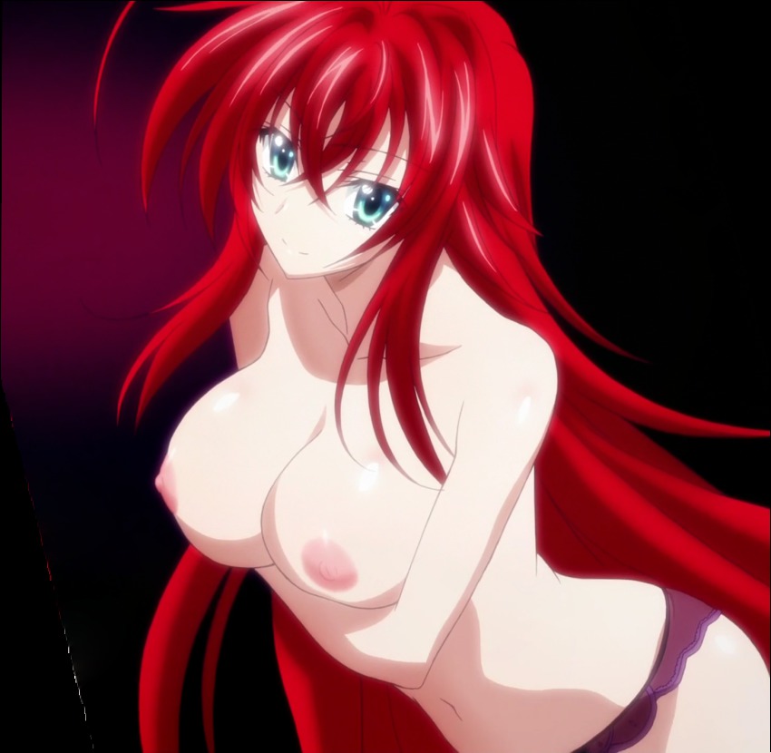 1girls, blue eyes, breasts, demon, demon girl, female, female only, high school dxd, large breasts, long hair, looking at viewer, panties, red hair, redhead, rias gremory, screencap, screenshot, smiling at viewer, solo, stitched, tnk (company), topless