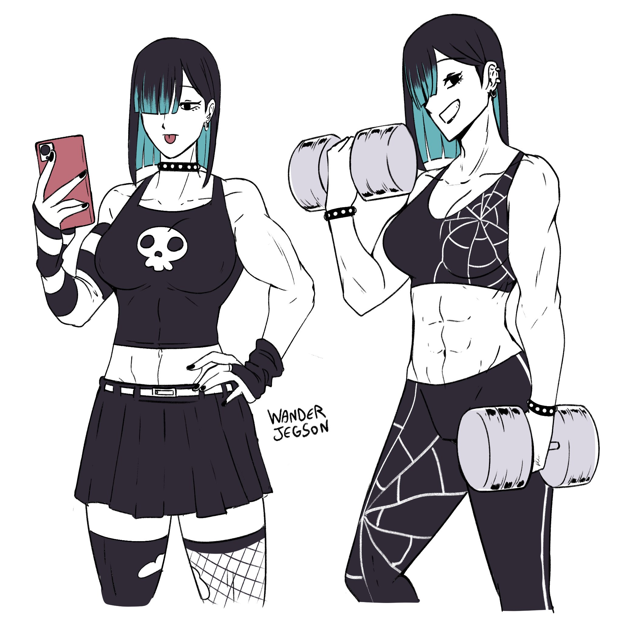 abs, black eyes, black hair, blue hair, bracelet, cellphone, choker, crop top, dumbbell, earrings, exercise, female, fishnets, gothic, highres, jewelry, jojo reference, multicolored hair, muscular, muscular female, original, phone, skirt, skull, smartphone, solo, spider web print, tank top, teeth, toned, tongue, tongue out, wanderjegson