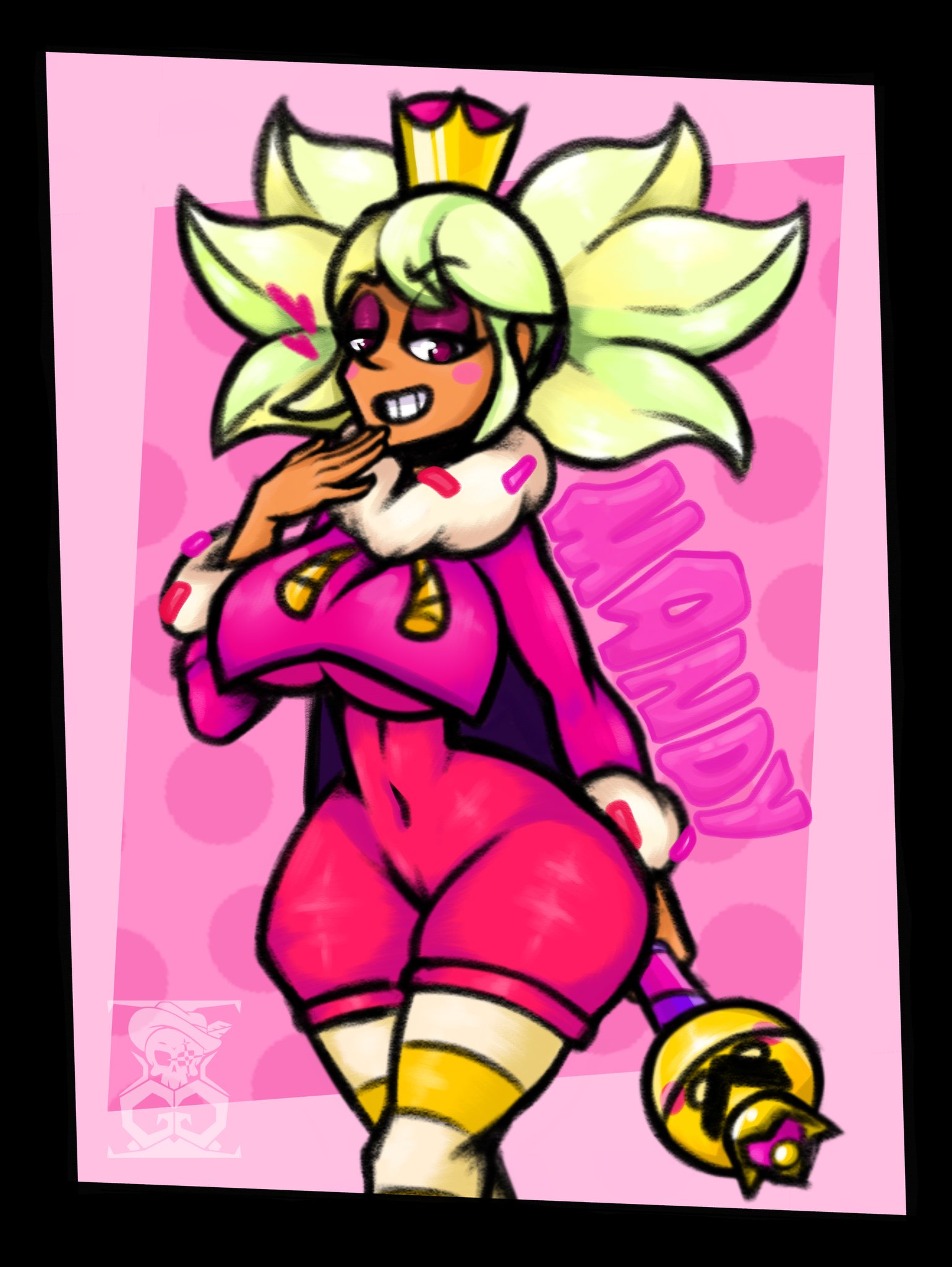 ass, big ass, brawl stars, breasts, crown, dark skin, dark-skinned female, female, gotig1231, happy female, legs, makeup, mandy (brawl stars), pink background, pink clothing, pussy, smiley face, solo, striped legwear, supercell, thighs, yellow hair