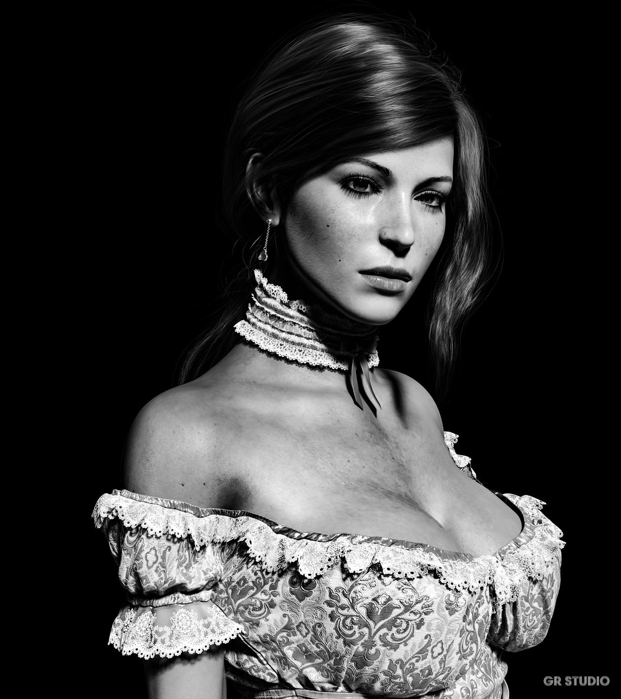 3d, bare shoulders, big breasts, black and white, breasts, busty, choker, cleavage, dress, earrings, female, female focus, female only, giorgio rendering, lara croft, lara croft (survivor), lips, long hair, makeup, ponytail, portrait, tagme, tomb raider, tomb raider (survivor)
