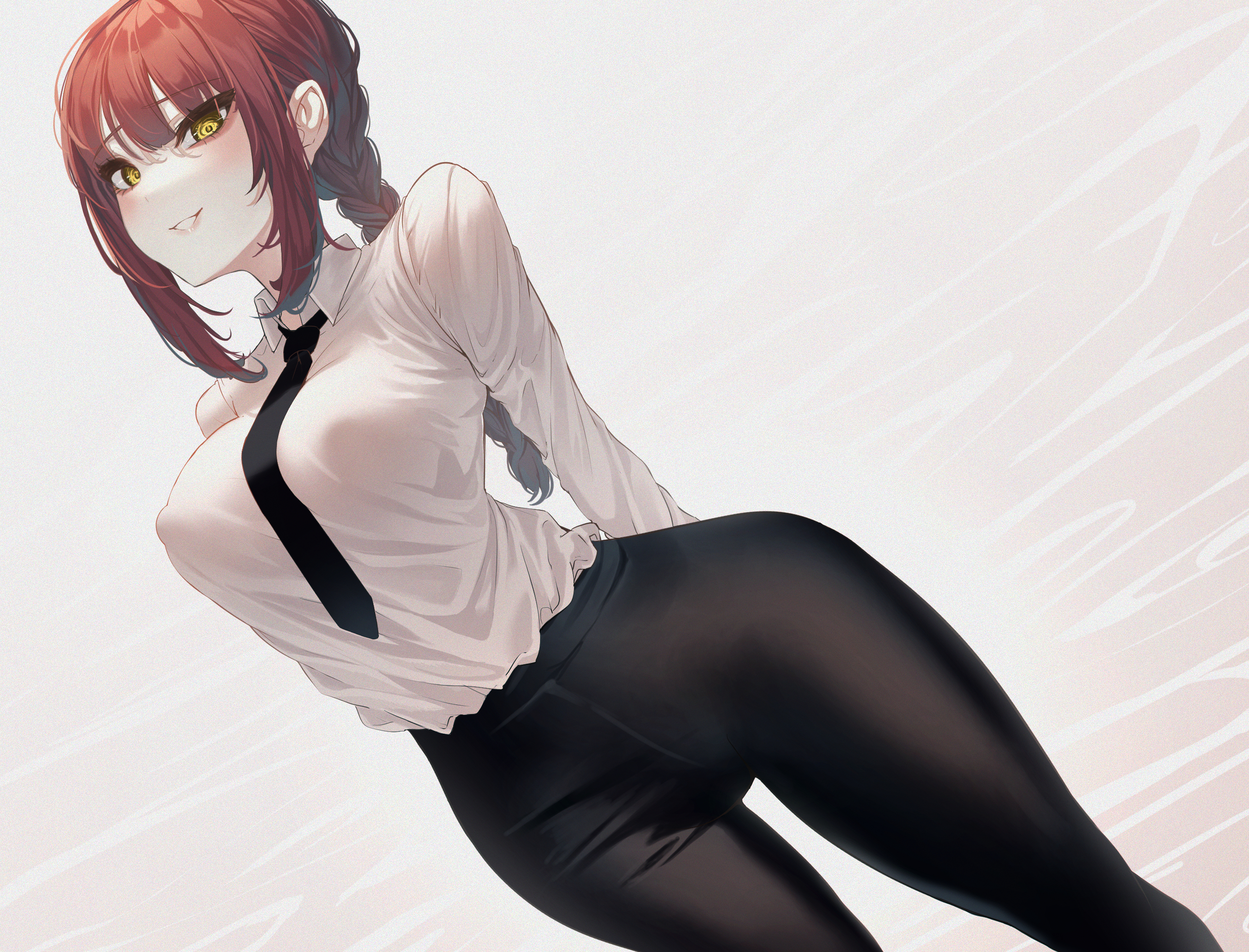1girls, 2d, black tie, breasts, chainsaw man, female, large breasts, looking at viewer, makima (chainsaw man), mucha (pixiv), office lady, red hair, smile, smiling at viewer, solo female, tagme, thigh gap, thighs, tie, tight clothes, tight clothing, tight pants, unreasonable (artist), white shirt, yellow eyes