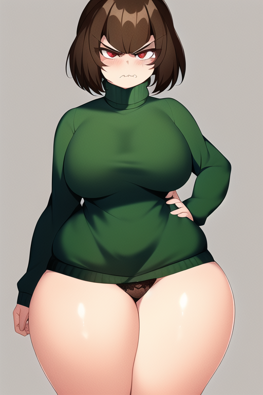 1girls 2d ai_generated annoyed bare_thighs black_panties brown_hair chara curvy female female_only gardener_ai hand_on_hip hourglass_figure large_breasts medium_hair nai_diffusion no_pants panties red_eyes solo stable_diffusion sweater thick_thighs turtleneck undertale undertale_(series) wide_hips