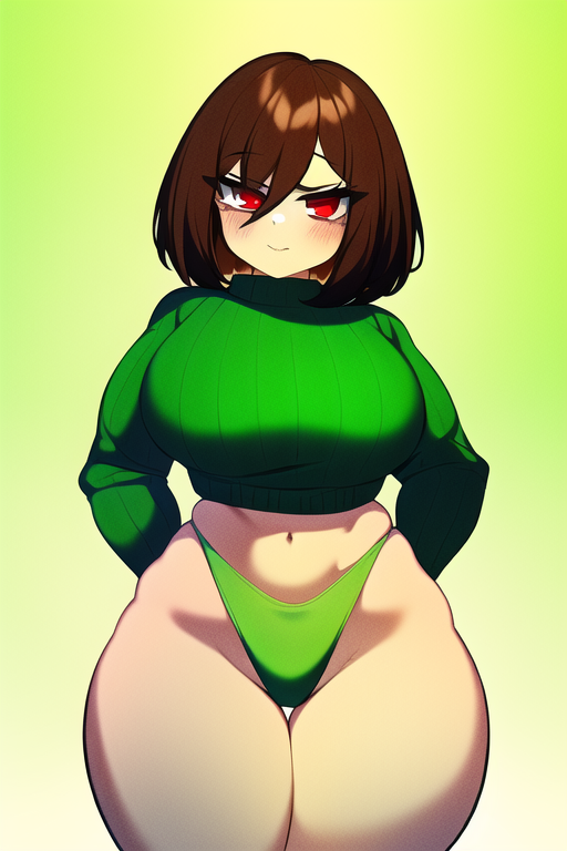 1girls 2d ai_generated bare_thighs bikini_bottom blush breasts brown_hair chara curvy female female_only gardener_ai green_panties hourglass_figure large_breasts medium_hair midriff nai_diffusion navel no_pants panties red_eyes solo stable_diffusion sweater thick_thighs turtleneck undertale undertale_(series) wide_hips