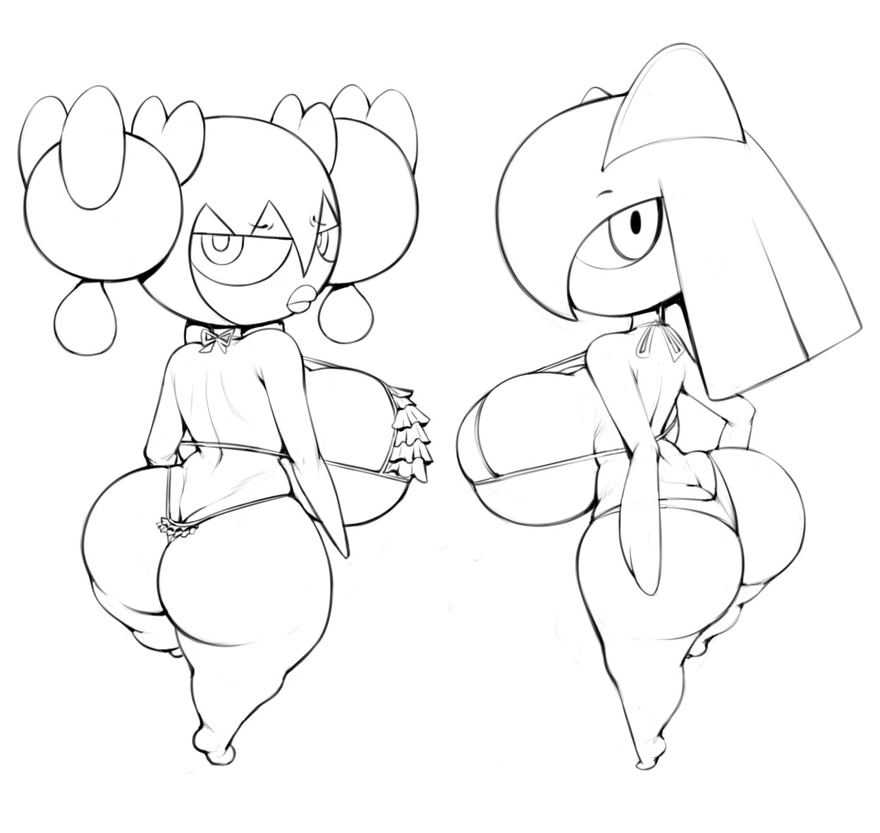 2girls, ass, ass cleavage, ass crack, bikini, black and white, breasts, bubble ass, bubble butt, butt crack, duo, female, female only, gothorita, grey impact, huge ass, huge breasts, kirlia, line art, looking at viewer, looking back, looking back at viewer, micro bikini, nintendo, pokémon (species), pokemon, pokemon (species), shortstack, swimsuit, thong