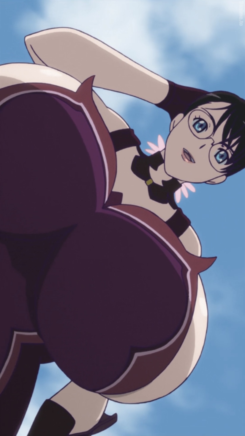 1girls, anime screencap, black hair, blue eyes, breasts, cattleya, female, flower, flower in hair, glasses, gloves, hand on head, huge breasts, light skin, light-skinned female, looking down, mature female, mother, queen's blade, screencap, screenshot, smile, stitched