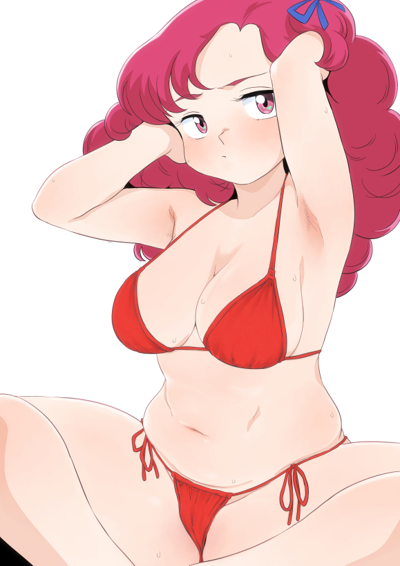 1girls bikini breasts curly_hair pink_eyes pink_hair ran_(urusei_yatsura) red_bikini urusei_yatsura