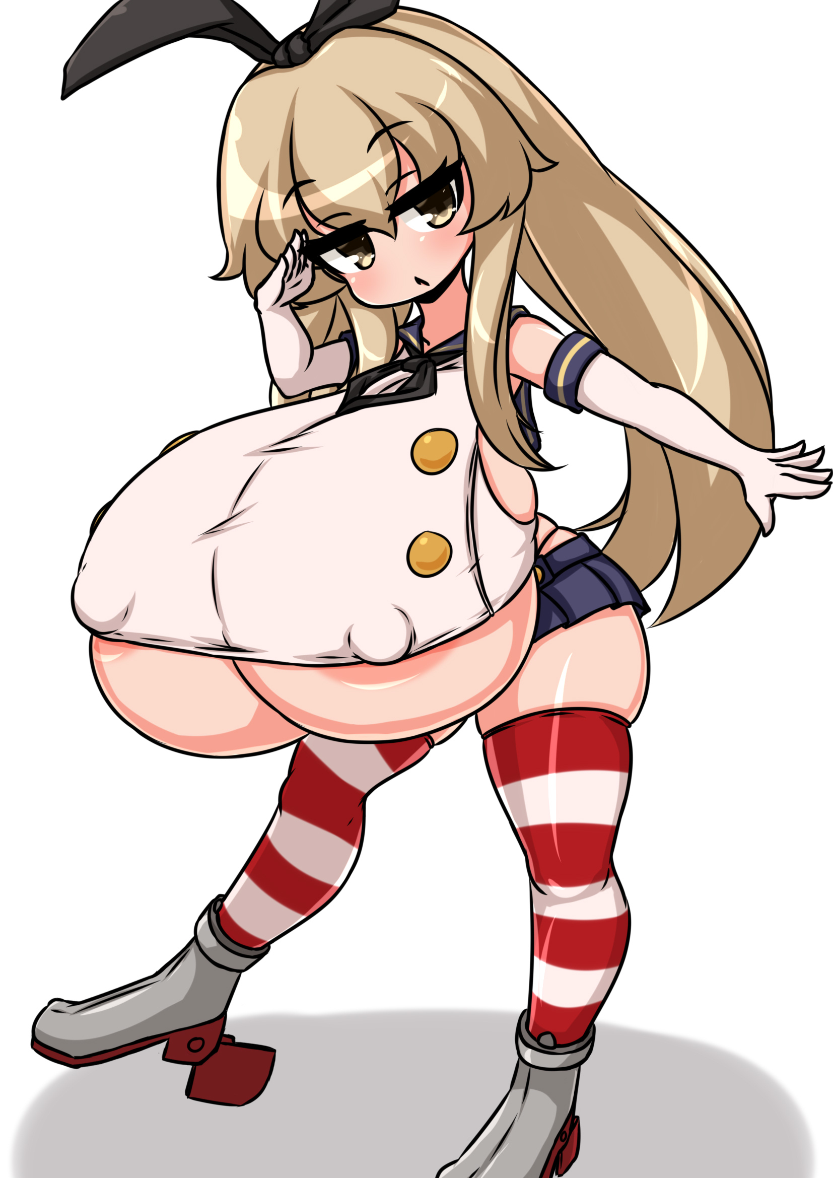 big breasts, bimbo, breasts, cute, erect nipples, erect nipples under clothes, female, gigantic breasts, heel boots, hips, huge breasts, huge hips, huge nipples, huge thighs, hyper breasts, kantai collection, large breasts, massive breasts, miniskirt, moyashi udon, neoteny, nipple bulge, nipples, school uniform, shimakaze (kantai collection), short skirt, short stack, shortstack, thick thighs, thighhighs, thighs, tight, tight clothes, tight clothing, tight shirt, underboob, wide hips