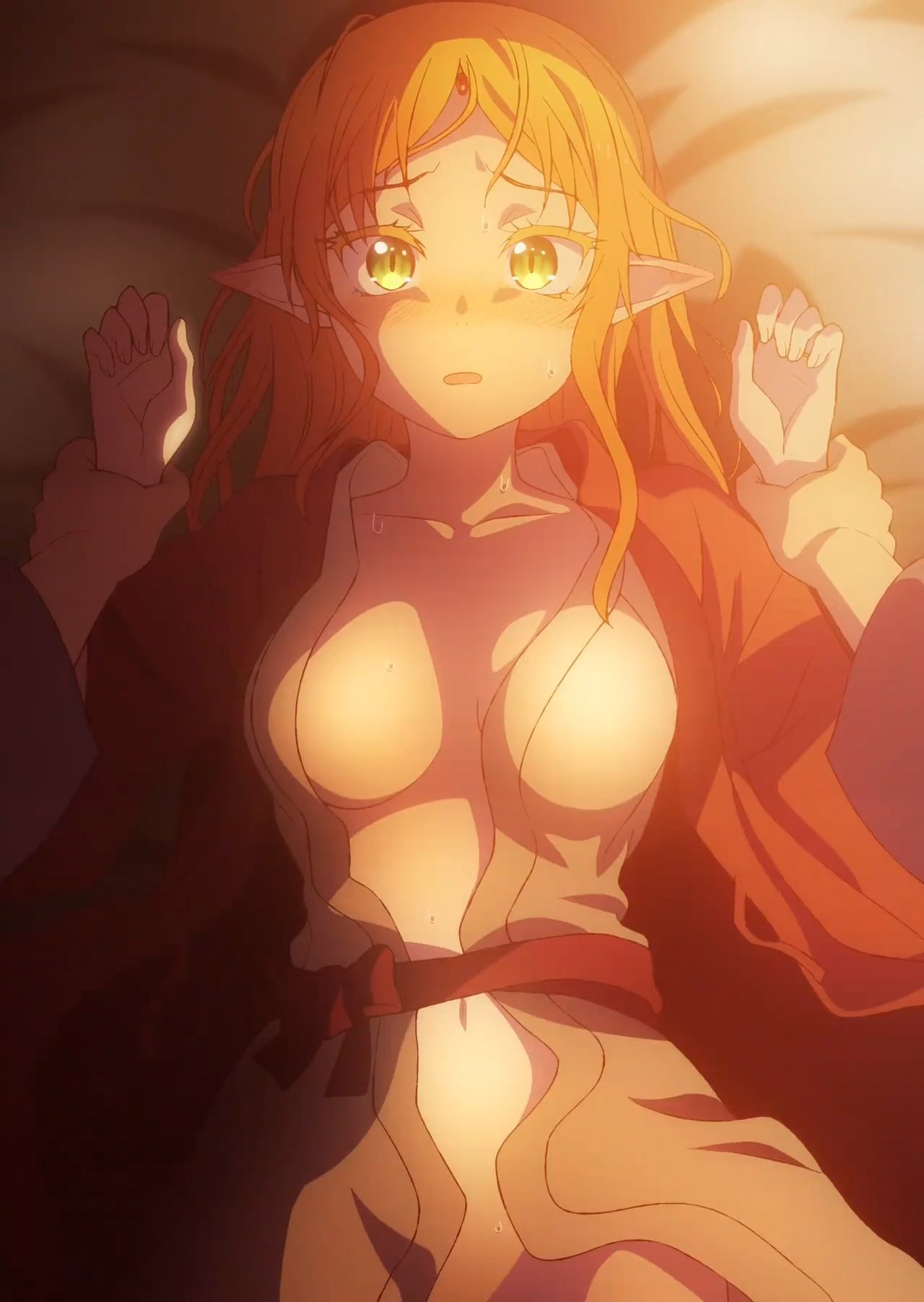 :o, 1boy, 1girls, arm grab, bathrobe, blonde hair, blush, boy on top, elf, fantasy, female, futon, grabbing arm, green eyes, isekai ojisan, long hair, looking at viewer, male, navel, pointy ears, pov hands, screencap, stomach, sui (isekai ojisan), sweat, viewer pov