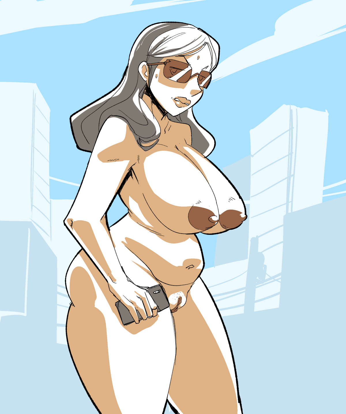 1girls, big breasts, box chan, breasts, brown hair, brown-tinted eyewear, cartoon network, cellphone, completely nude, dark skin, dark-skinned female, female, female focus, female only, huge breasts, long hair, mature female, milf, mother, nipples, no bra, no panties, no underwear, nude, nude female, nudist, priyanka maheswaran, public nudity, slightly chubby, steven universe, sunglasses, tinted eyewear
