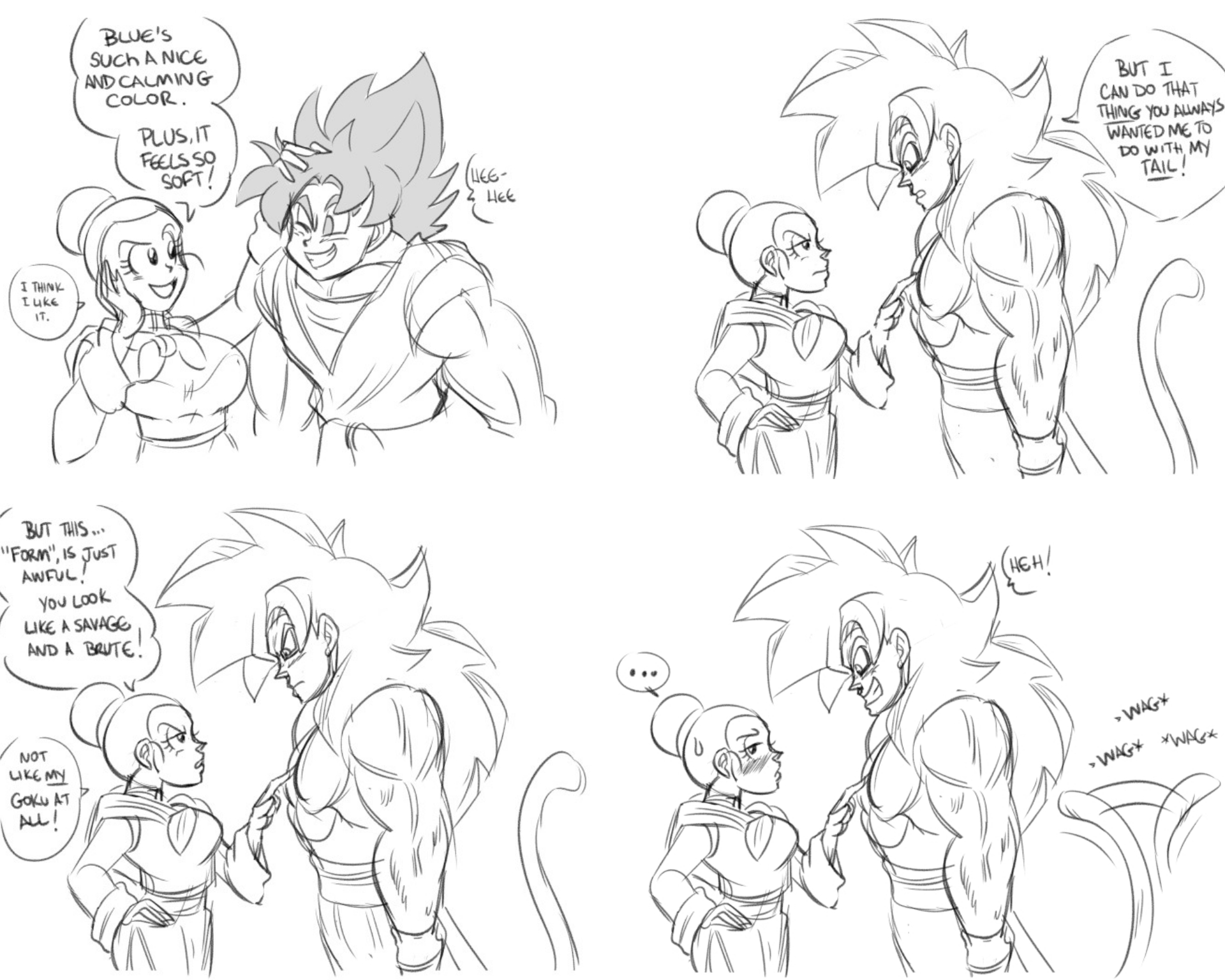 blush, chichi, couple, dragon ball, dragon ball gt, dragon ball z, english text, excited, female, funsexydragonball, fur, male, muscular, muscular male, nervous, nervous sweat, son goku, speech bubble, spiked hair, super saiyan 4, super saiyan blue, sweatdrop, tagme, tempting, thinking