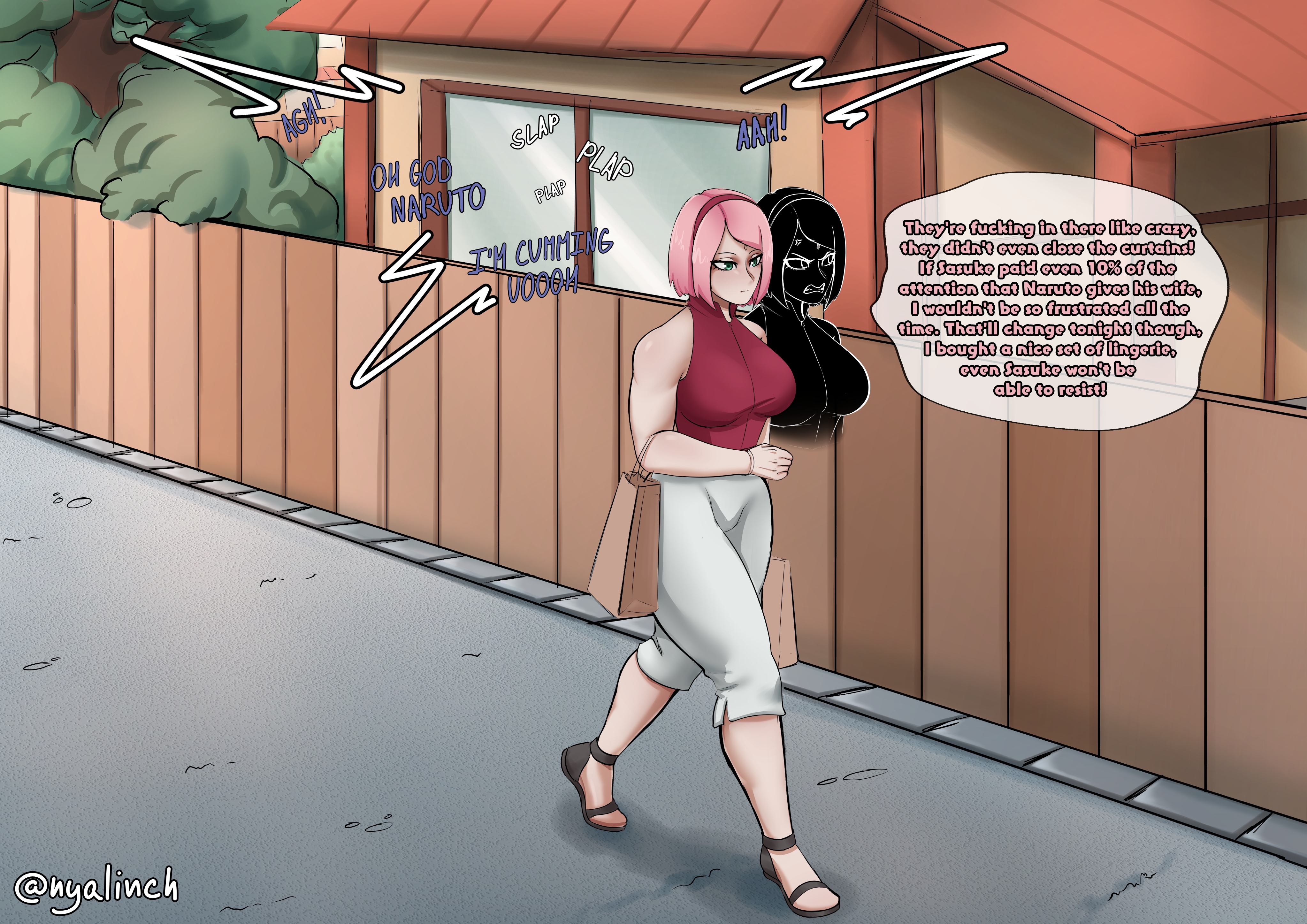 1girls, background, big breasts, big thighs, boruto: naruto next generations, breasts, comic page, crotch, curvy, dialogue, english text, feet, female, female only, haruno sakura, human, hyuuga hinata, meowlinch, naruto, naruto (series), pink hair, sakura haruno, solo, story, text, thighs, uchiha sakura, uzumaki hinata, uzumaki naruto