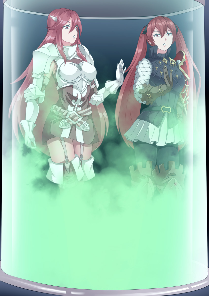 2girls bare_thighs boots breasts captured chloroform container cordelia_(fire_emblem) female female_only fire_emblem fire_emblem_awakening fire_emblem_fates garter_straps gas gloves hair_between_eyes hair_ornament haryudanto in_container large_breasts long_hair medium_breasts more_at_source mother_and_daughter multiple_girls nintendo pantyhose red_eyes selena_(fire_emblem_fates) severa_(fire_emblem) skirt slave sleeping_gas thigh_boots thighs twintails very_long_hair