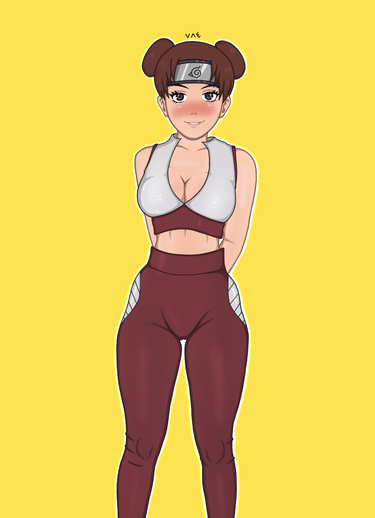 1girls adapted_costume alternate_costume arms_behind_back bare_shoulders blush breasts cleavage cmiv07 crop_top double_bun female female_only forehead_protector fully_clothed headband konohagakure_symbol leggings long_hair midriff naruto naruto_(series) naruto_shippuden no_bra pinup plain_background revealing_clothes simple_background solo solo_focus tenten tight_clothing tight_pants twin_buns yellow_background