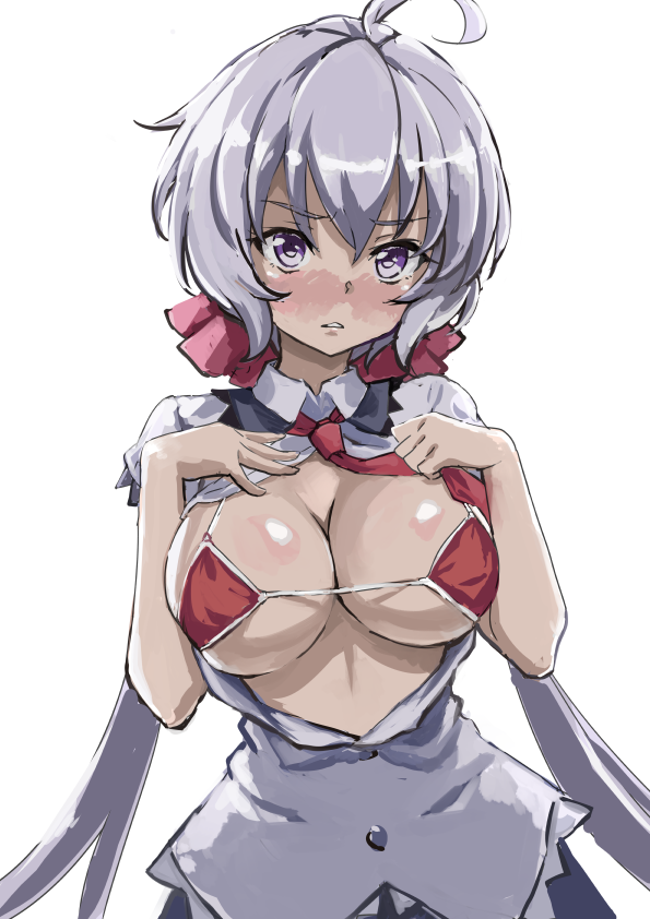 ahoge bikini blush breasts cleavage female fujikawa_daichi hair_ornament hair_ribbon large_breasts long_hair looking_at_viewer micro_bikini necktie open_clothes open_shirt purple_eyes red_bikini red_necktie ribbon school_uniform senki_zesshou_symphogear shiny shiny_hair simple_background solo standing swimsuit twintails upper_body white_background white_hair yukine_chris