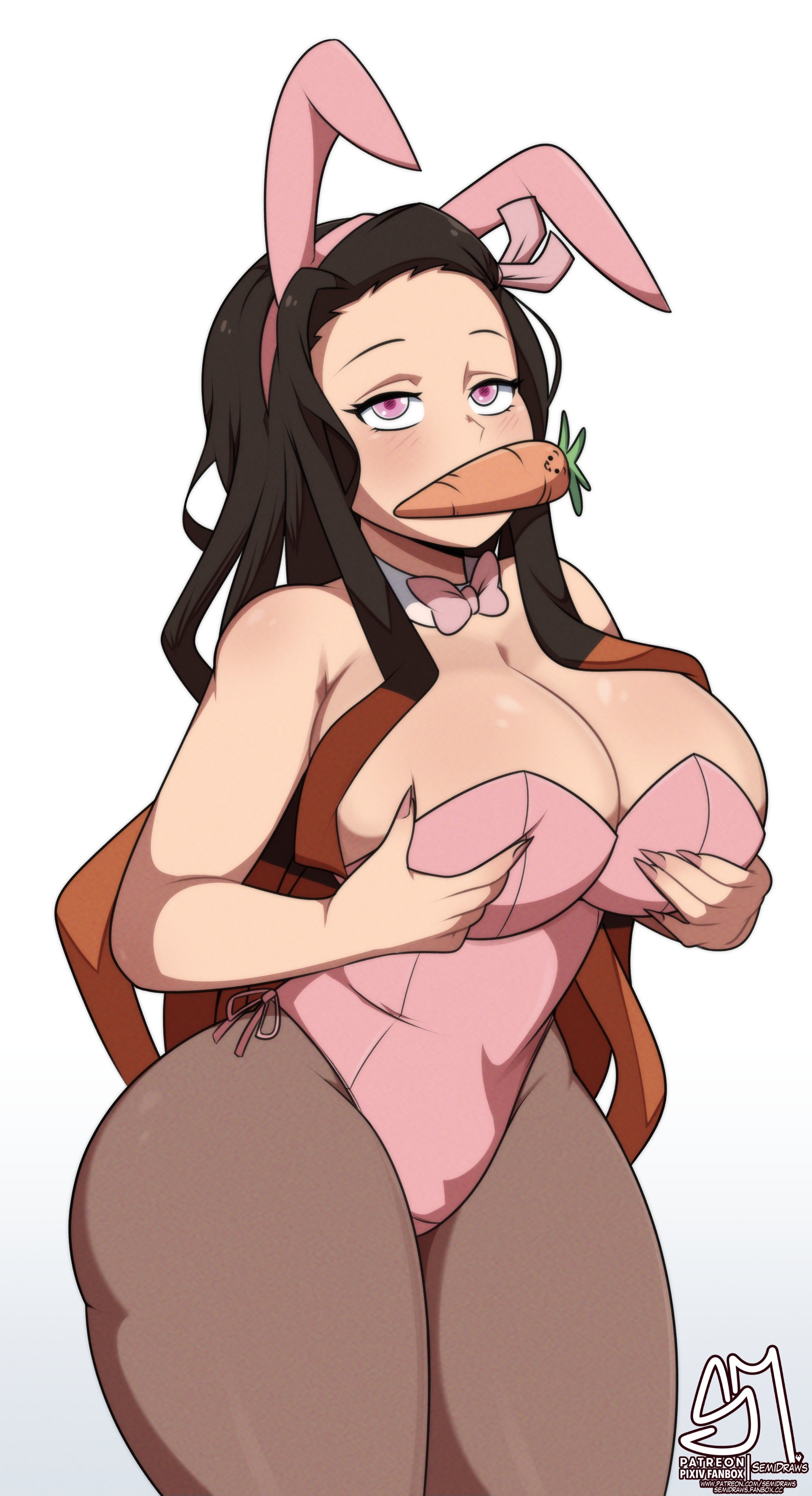 1girls, ass, big breasts, black hair, black-haired female, blush, breasts, bunny ears, bunny girl, bunnysuit, carrot, carrot in mouth, demon slayer, fat ass, female, female only, grabbing breasts, huge breasts, kamado nezuko, kimetsu no yaiba, leotard, long hair, pantyhose, semidraws, solo, standing, thick thighs, two-tone hair, wide hips