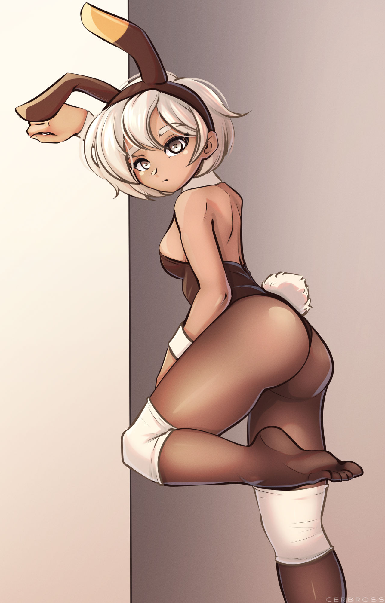 1girls, 2d, ass, ass focus, bea (pokemon), behind view, black leotard, brown skin, brown-skinned female, bunny costume, bunny ear, bunny ears, bunny girl, bunny tail, bunnysuit, butt focus, cerbross, dark skin, dark-skinned female, fake animal ears, fake tail, female, female only, from behind, human, leaning against wall, leotard, looking at viewer, pantyhose, playboy bunny, pokemon, pokemon ss, pose, short hair, soles, solo, strapless leotard, thighs, tomboy, viewed from behind, white hair, wrist cuffs