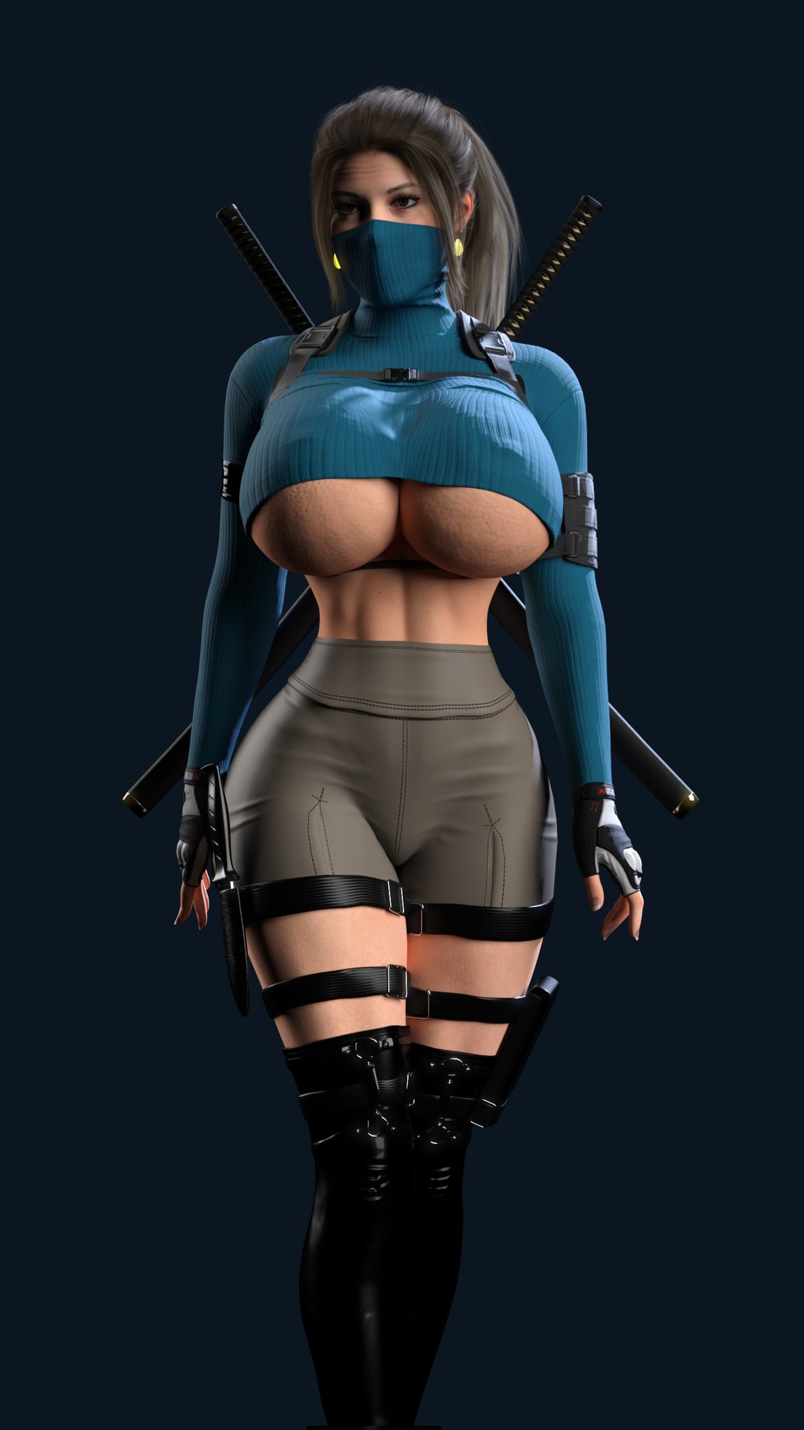 3d, bare midriff, big breasts, bimbo, boots, breasts, brown eyes, brown hair, crop top, earrings, erect nipples, female, female focus, female only, french nails, huge breasts, kunoichi, lara croft, lara croft (survivor), large breasts, long fingernails, long hair, mask, metal 01, navel, ninja, nipple piercing, nipples, piercing, ponytail, short shorts, standing, tagme, thigh boots, thigh holster, tomb raider, tomb raider (survivor), underboob