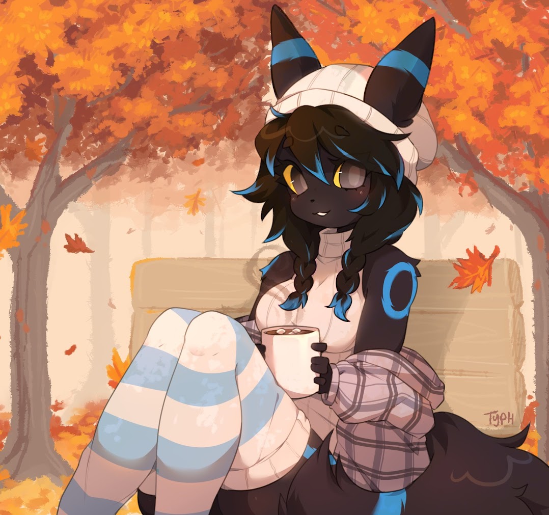 anthro, black body, black fur, black hair, blue body, blue hair, clothing, crispytyph, cup, eeveelution, generation 2 pokemon, hat, legwear, pokemon, pokemon (species), striped legwear, typh, umbreon, yellow eyesrnendereon (typh)
