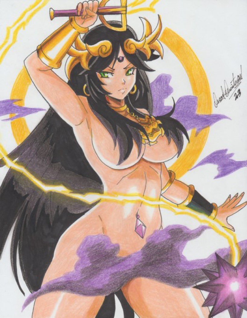 1girls alternate_color alternate_eyes alternate_hair_color black_hair bowser_brooch breasts cloud colored_pencil_(artwork) convenient_censoring dark_hair dark_persona deity female_only goddess green_eyes holding_weapon kid_icarus long_black_hair long_hair naked_female navel_jewelry navel_piercing nintendo nude nude_female palutena purple_smoke ravern_clouk serious_look slit_pupils smoke_cloud tagme traditional_media_(artwork)