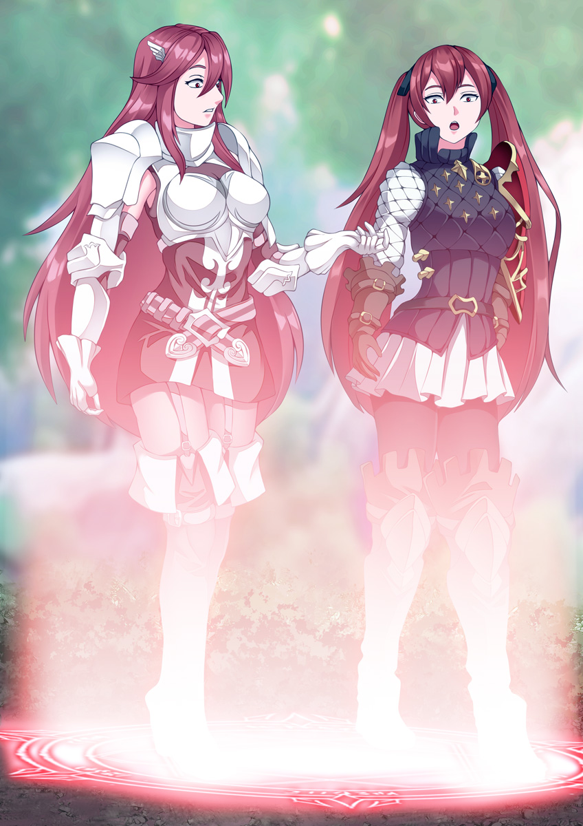 2girls bare_thighs boots breasts captured cordelia_(fire_emblem) female female_only fire_emblem fire_emblem_awakening fire_emblem_fates garter_straps gloves hair_between_eyes hair_ornament haryudanto large_breasts long_hair magic magic_circle medium_breasts mother_and_daughter multiple_girls nintendo outdoors pantyhose red_eyes selena_(fire_emblem_fates) severa_(fire_emblem) shocked skirt slave thigh_boots thighs twintails very_long_hair