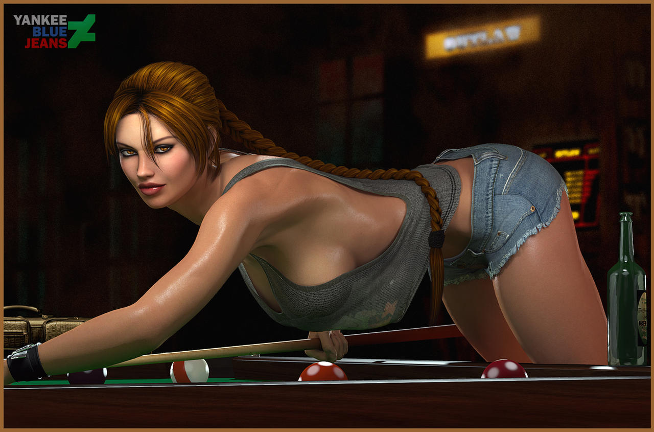 3d athletic athletic_female bag bending_forward bending_over bent_over big_breasts billiard_ball billiard_table billiards braid breasts brown_eyes brown_hair busty cleavage daisy_dukes down_blouse eyeshadow female female_focus female_only hourglass_figure lara_croft lara_croft_(classic) leaning_forward lipstick makeup mascara pinup pinup_pose short_shorts sideboob tagme tank_top tomb_raider wide_hips yankeebluejeans