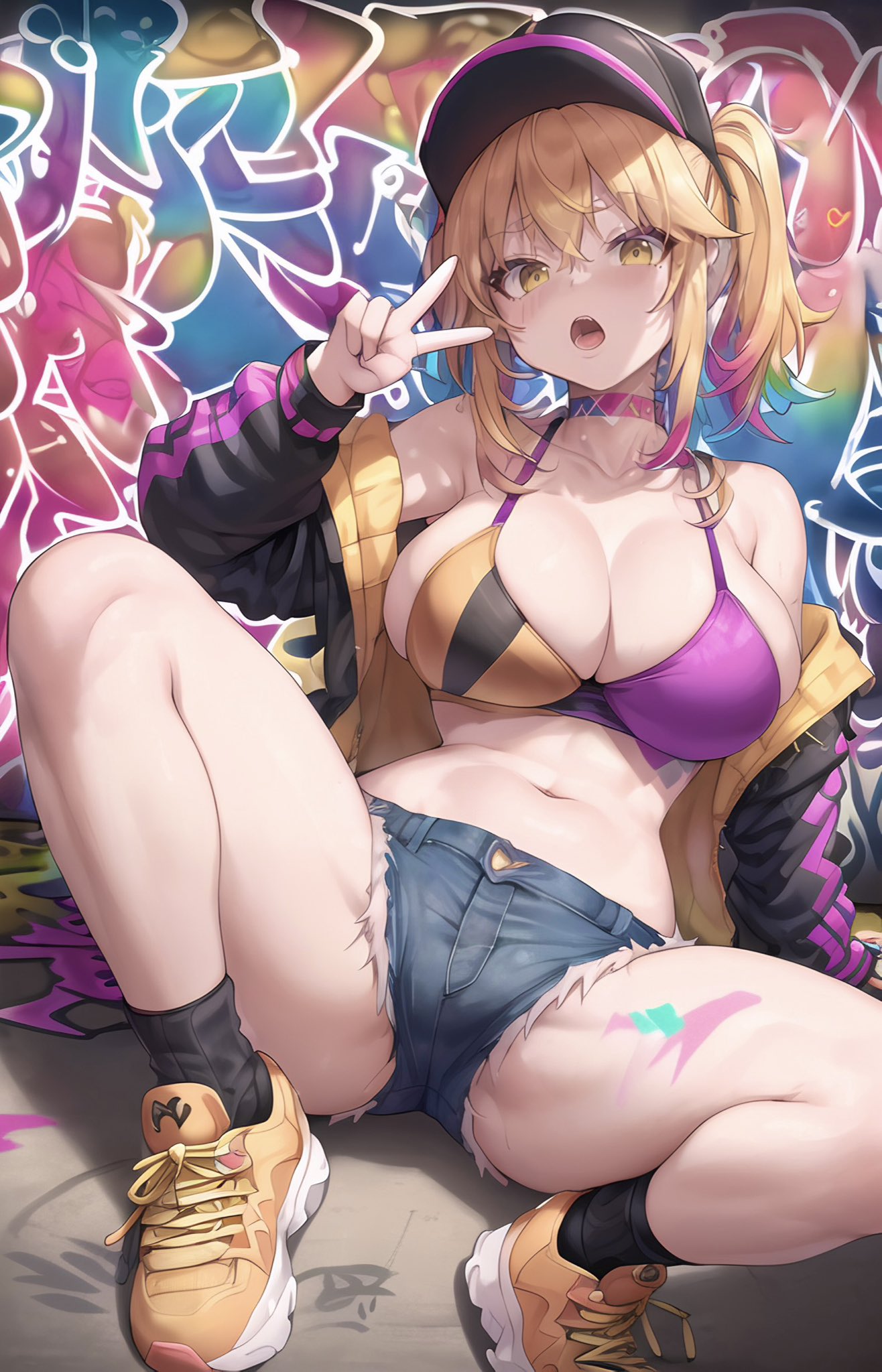 1girls ai_generated bikini_top blonde_hair booty_shorts breasts city cleavage female gold_eyes graffiti hat huge_breasts jacket jean_shorts light-skinned_female light_skin long_hair open_jacket open_mouth original original_character peace_sign short_shorts shorts sneakers spread_legs stable_diffusion streetwear stuffyai thick_thighs twintails