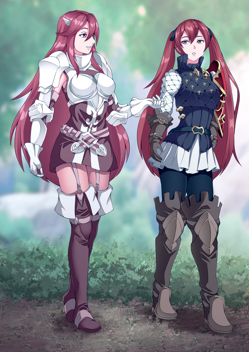 2girls bare_thighs boots breasts cordelia_(fire_emblem) female female_only fire_emblem fire_emblem_awakening fire_emblem_fates garter_straps gloves grin hair_between_eyes hair_ornament haryudanto large_breasts long_hair medium_breasts mother_and_daughter multiple_girls nintendo outdoors pantyhose red_eyes selena_(fire_emblem_fates) severa_(fire_emblem) skirt smile thigh_boots thighs twintails very_long_hair