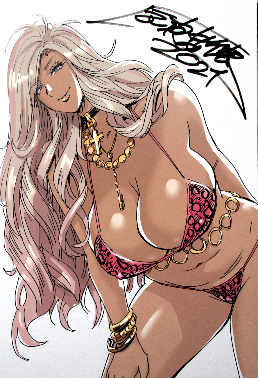 1girls 2021 absurdres artist_name artist_signature bakunyuu belly_button bikini bikini_bottom bikini_top blank_background blonde_female blonde_hair blonde_hair_female blue_eyes blue_eyes_female boss boss_lady bracelets bursting_breasts business business_woman ceo choker cleavage covered_breasts covered_erect_nipples covered_nipples cross_choker cross_necklace curls curly_hair curvaceous dark-skinned_female dark_skin drill_curls drill_hair drill_locks enormous_breasts erect_nipples erect_nipples_under_clothes eye_contact facing_viewer female_boss female_focus female_president flirtatious flirting flirting_with_viewer gal_ane_shachou_to_harem_ganguro_~sex_wa_gyoumu_ni_fukumimasu_ka? ganguro gold_(metal) gold_bracelet gold_bracelets gold_chain gold_jewelry gold_necklace golden_bracelets golden_necklace gyaru hand_on_knee hanging_breasts hi_res high_resolution highres huge_breasts huge_cleavage huge_nipples kogal kuro_gyaru leaning leaning_forward leopard leopard_print leopard_print_bikini leopard_spots linea_alba long_hair long_hair_female looking_at_viewer lots_of_jewelry makeup mascara massive_breasts navel necklace nipples_bulge nishigori_ai original original_character plain_background president puffy_nipples red_bikini red_bikini_bottom red_bikini_top red_swimsuit red_swimwear seductive seductive_eyes seductive_gaze seductive_look seductive_mouth seductive_smile simple_background smile smiling_at_viewer solid_color_background standing standing_female suggestive_look swimsuit_bottom swimsuit_top tatsunami_youtoku text_focus top_heavy top_heavy_breasts venus_body very_long_hair voluptuous voluptuous_female waist_chain wavy_hair white_background year