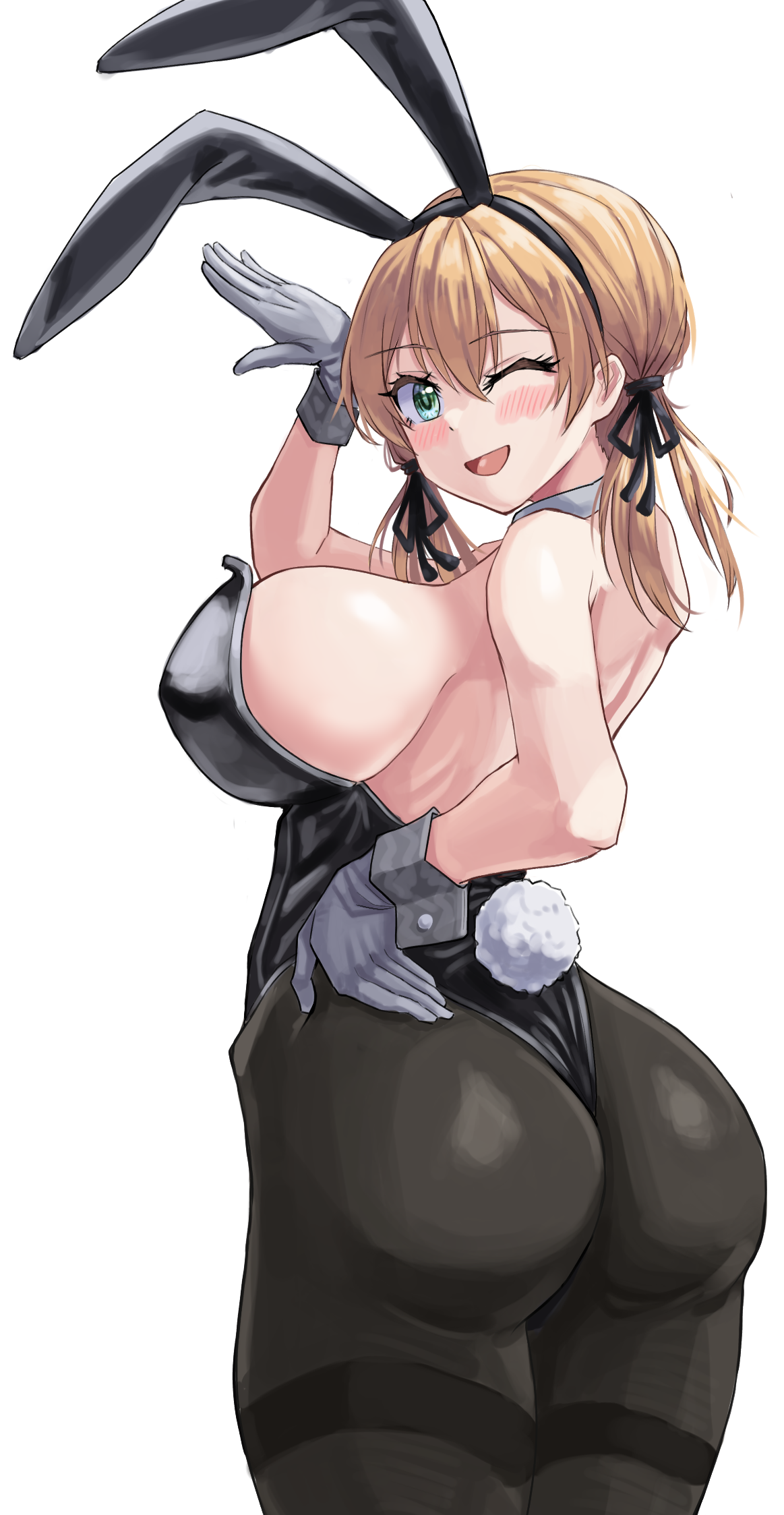 animal ears, ass, black hairband, black leotard, black pantyhose, blonde hair, blue eyes, blush, breasts, cowboy shot, detached collar, fake animal ears, female, gloves, hairband, highleg, highleg leotard, highres, kantai collection, kazuo akasaka, large breasts, leotard, long hair, low twintails, pantyhose, playboy bunny, prinz eugen (kantai collection), rabbit ears, simple background, smile, solo, standing, strapless, strapless leotard, thighband pantyhose, twintails, white background, white gloves, wrist cuffs